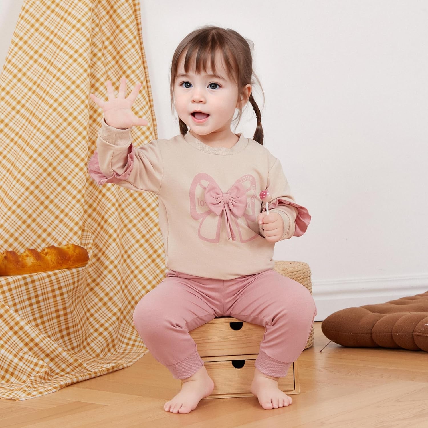 Baby Girl Clothes Toddler Fall Winter Outfit Ruffles Crewneck Bow Pullover Sweatshirt + Joggers Pants Set