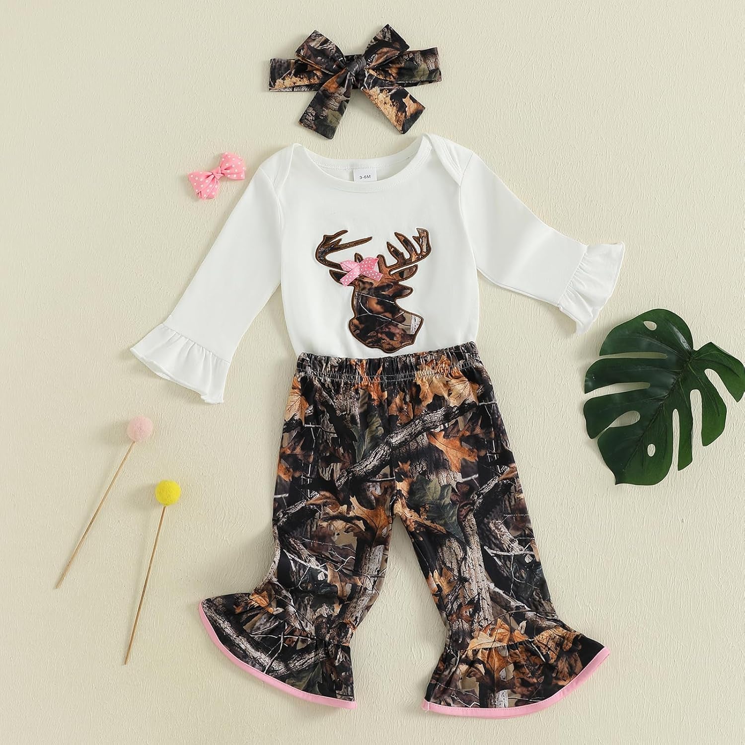 Newborn Baby Girl Hunting Clothes Deer Long Sleeve Romper Jungle Camo Flare Pants Set 3 Piece Fall Winter Outfit