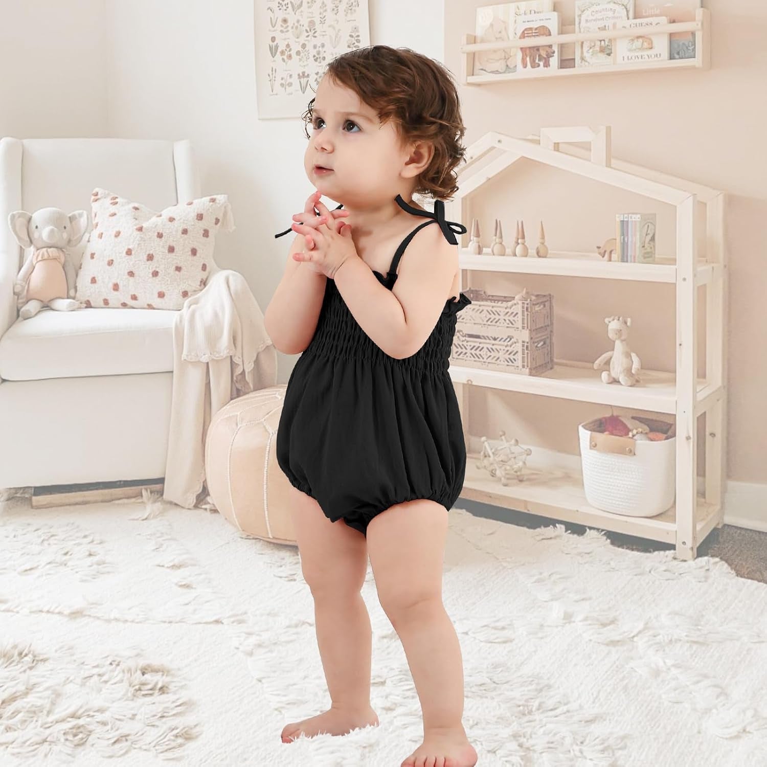 Baby Girl Romper Summer Toddler Baby Girl Clothes Sleeveless Smocked Bodysuit Infant Bow Shoulder One-Piece Jumpsuit