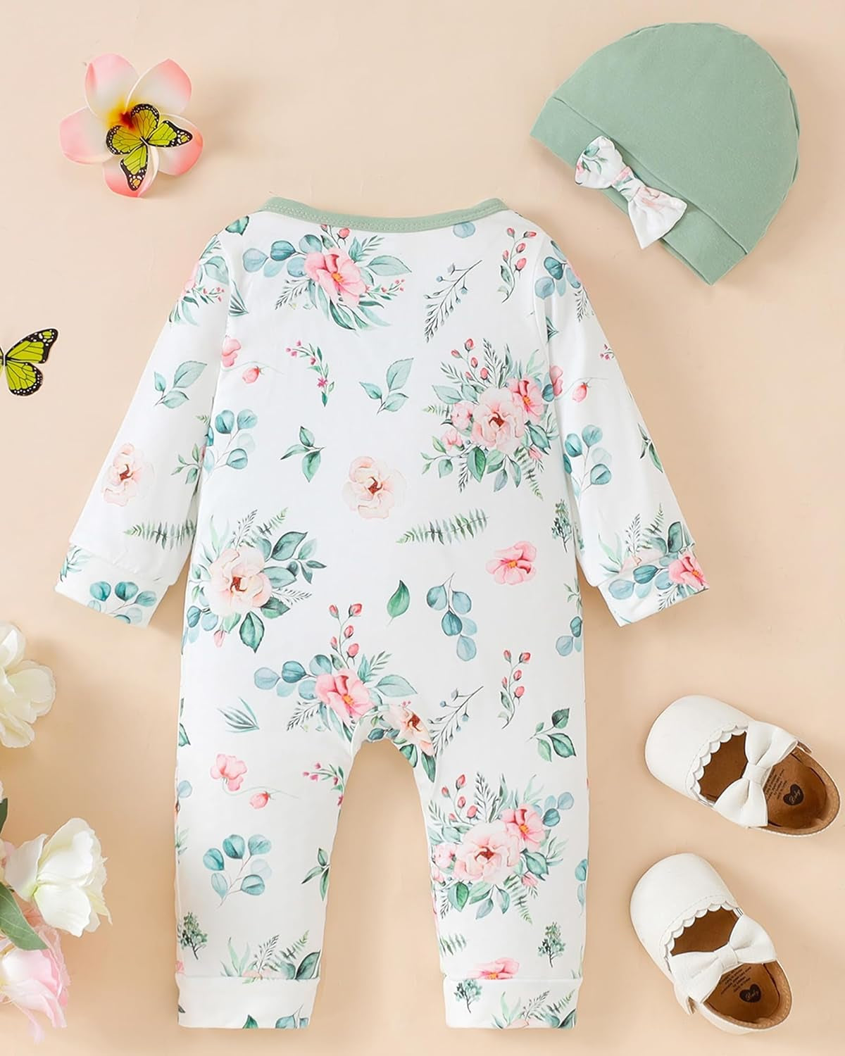 Newborn Baby Girl Clothes Long Sleeve Romper Infant Fall Winter Outfits Floral Hat Jumpsuit Preemie Girl Clothes