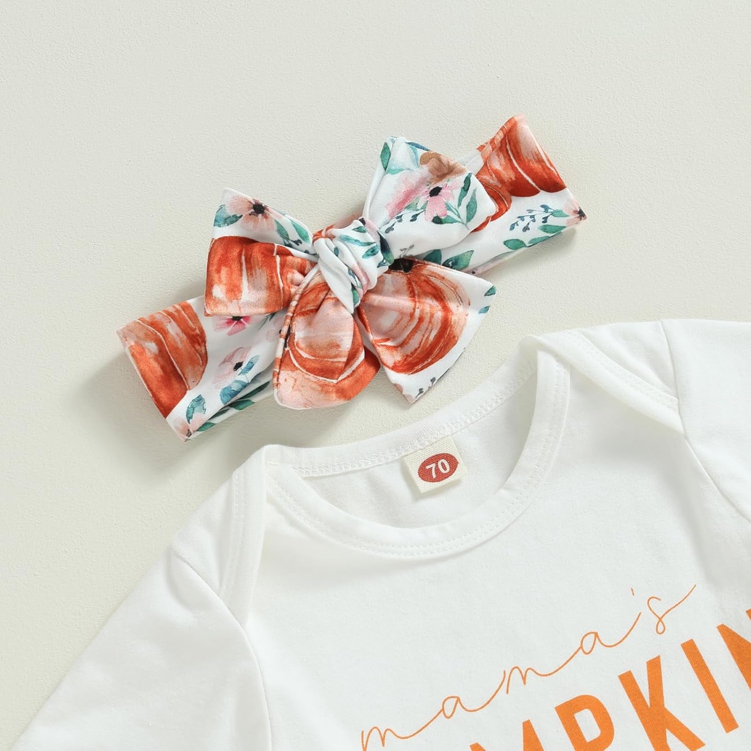 Infant Baby Girl Halloween Outfit Long Sleeve Romper Mamas Pumpkin Bell Bottoms Headband Set Cute Newborn Fall Clothes