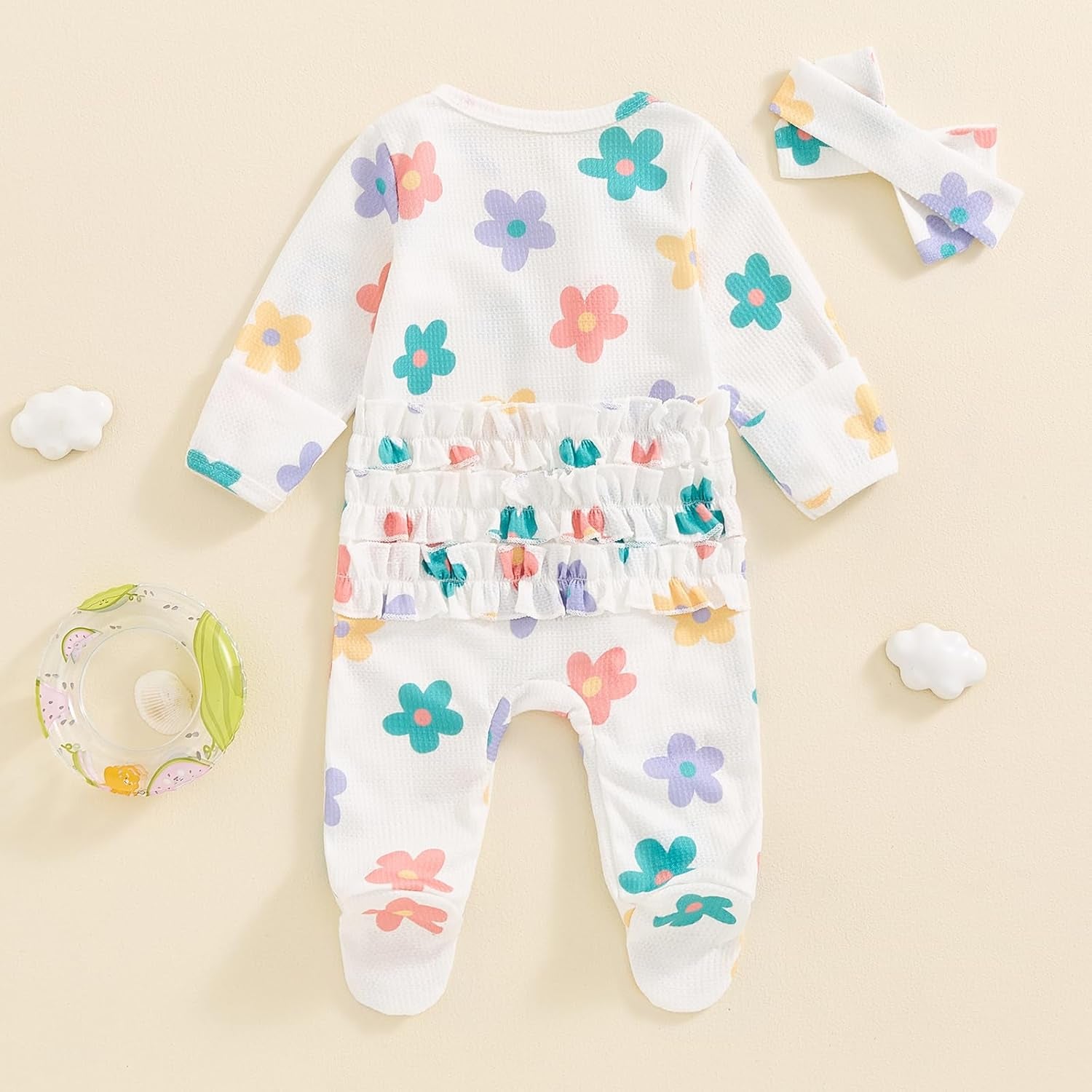 Newborn Outfits Baby Girl Floral Print Ruffle Romper Jumpsuit Long Sleeve Zipper Bodysuit Fall Winter Clothes