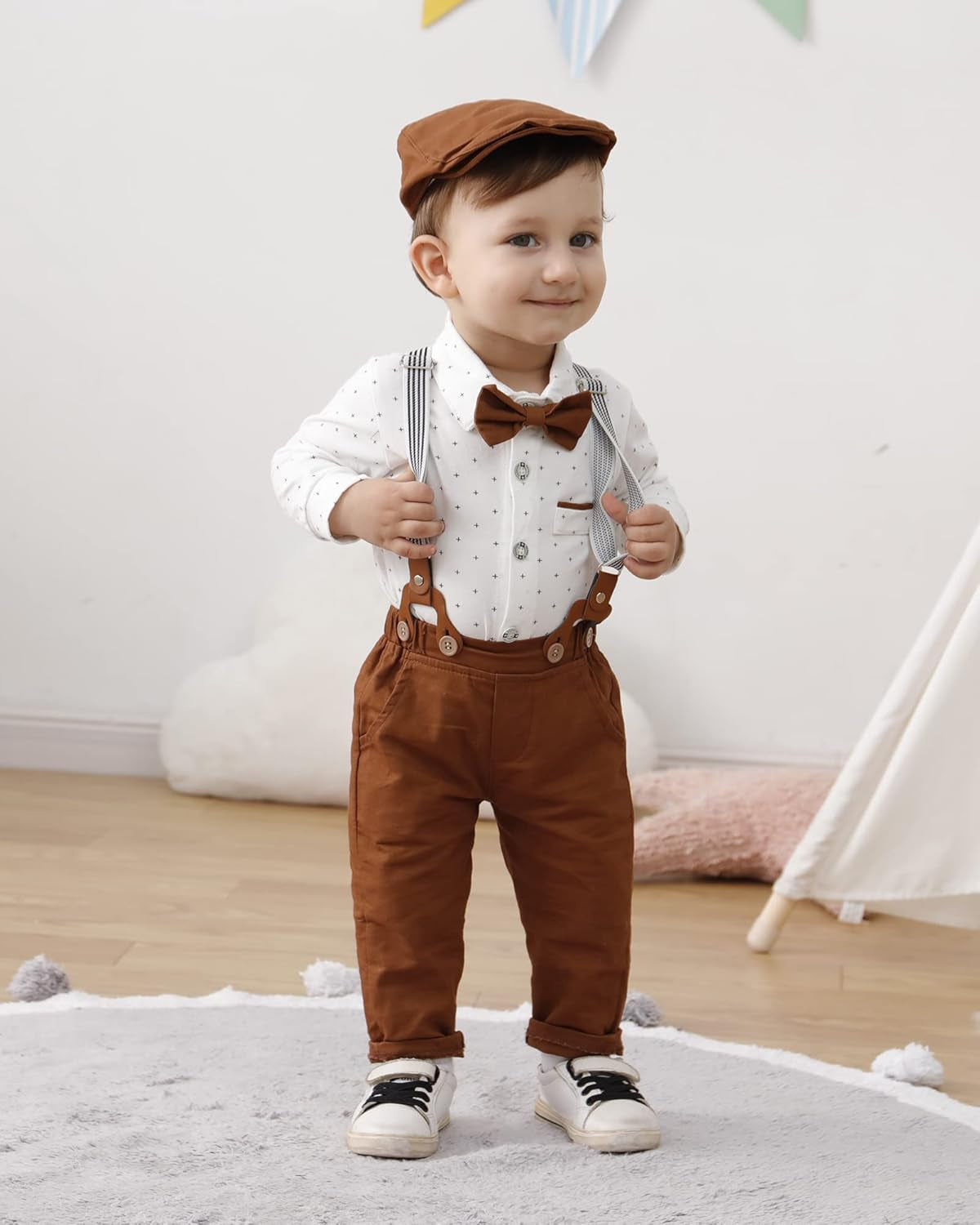 Baby Boy Suit 0-24M Gentleman Outfit Clothes Set Infant Long Sleeve Dress Shirt+Suspender Pants+Bowtie+Beret Hat