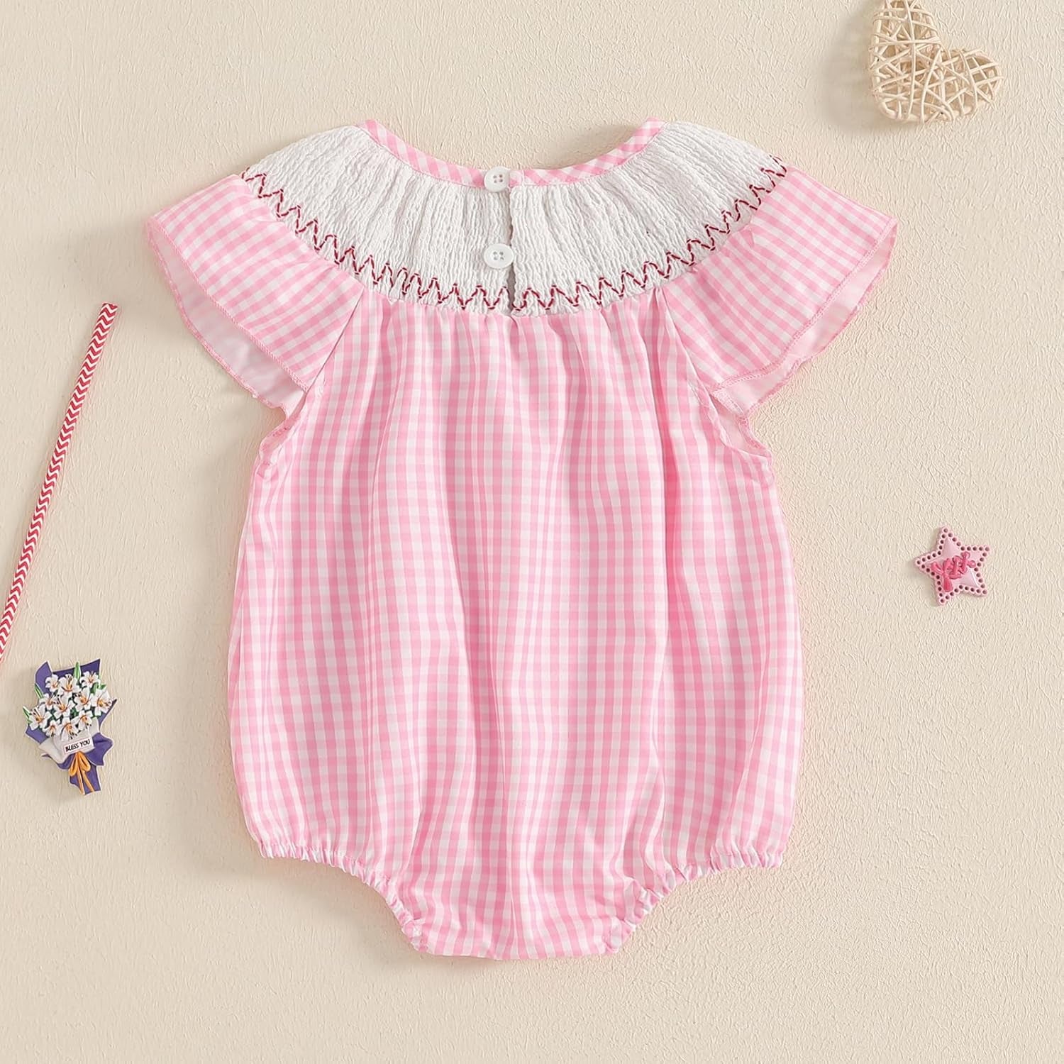 Fourth of July Smocked Bubble Romper Baby Girl American Flag Gingham Bodysuit Summer Baby Outfit