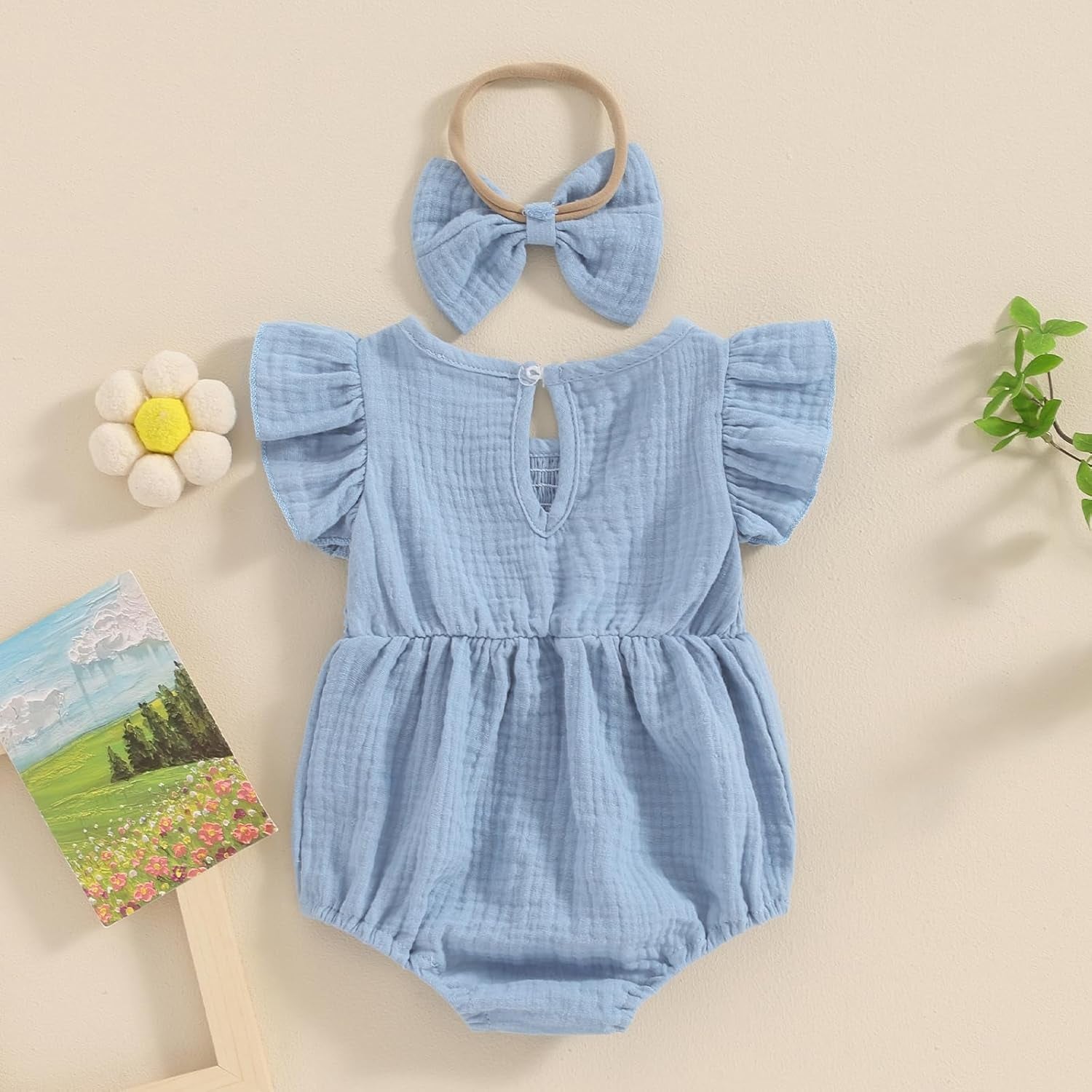 Newborn Baby Girl Clothes Ruffle Sleeve Solid Smocked Bubble Romper Jumpsuit Bow Headband Cute Summer Clothes