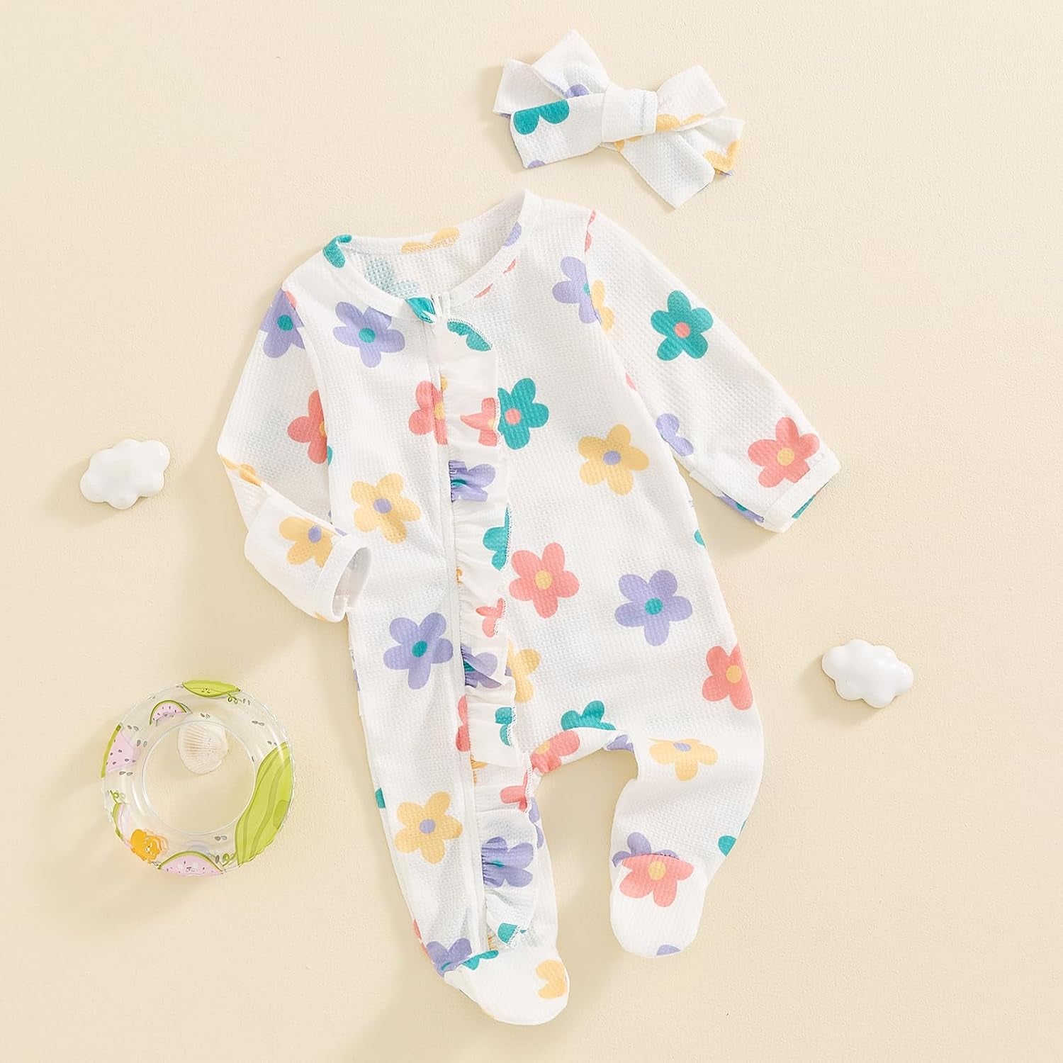 Newborn Outfits Baby Girl Floral Print Ruffle Romper Jumpsuit Long Sleeve Zipper Bodysuit Fall Winter Clothes