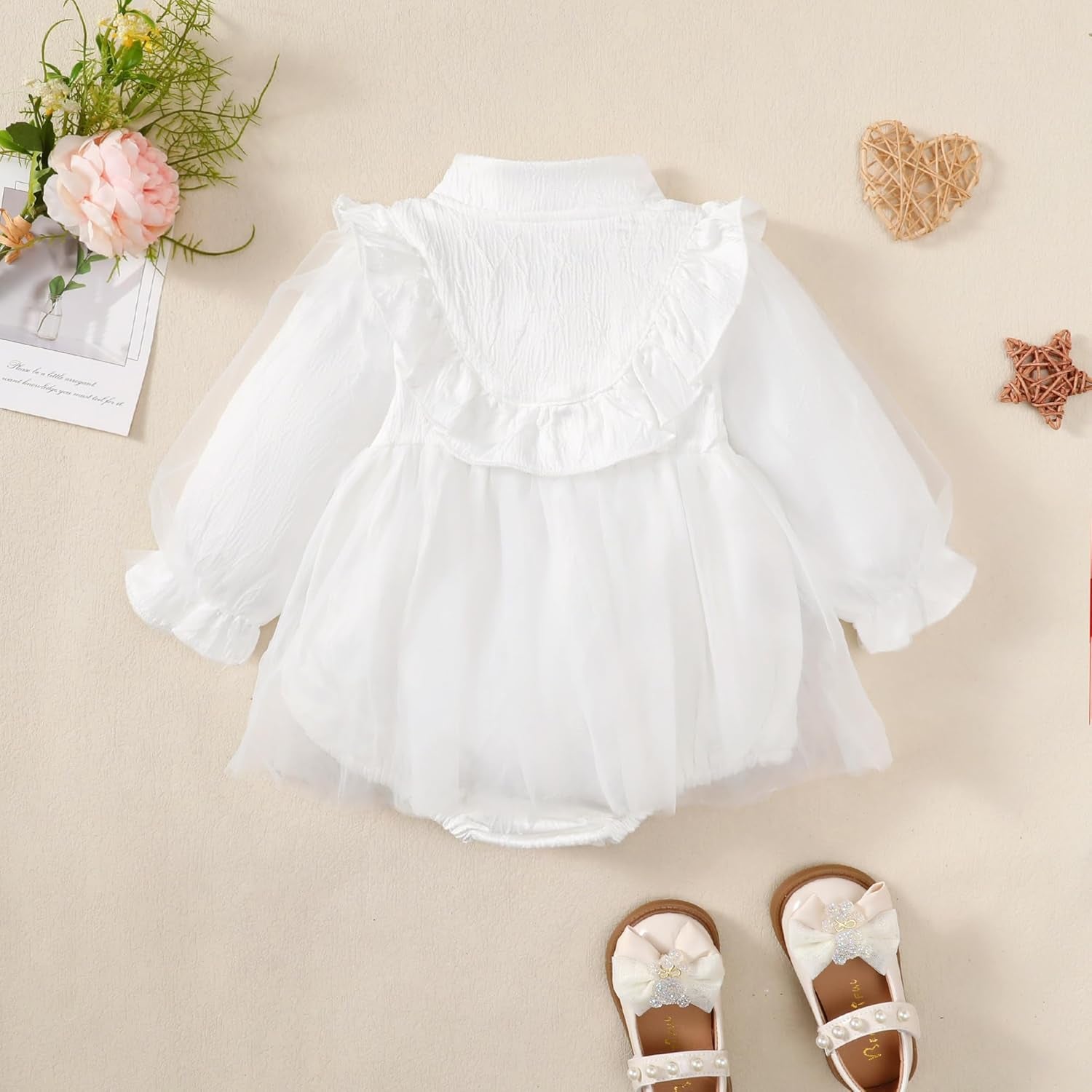 Newborn Baby Girl Romper Dress Tulle Long Sleeve Onsies Dress Fall Princess Wedding One-Piece Dresses