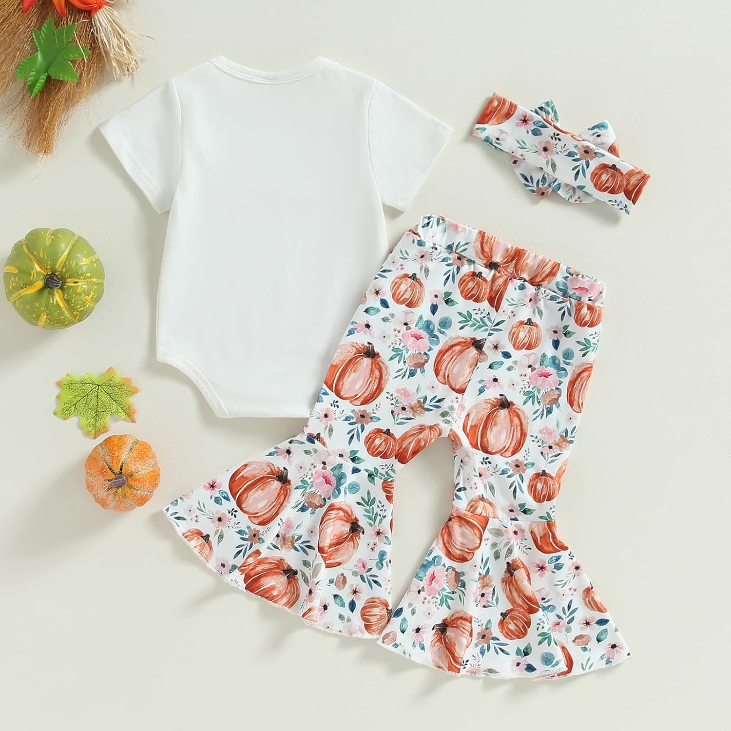 Infant Baby Girl Halloween Outfit Long Sleeve Romper Mamas Pumpkin Bell Bottoms Headband Set Cute Newborn Fall Clothes