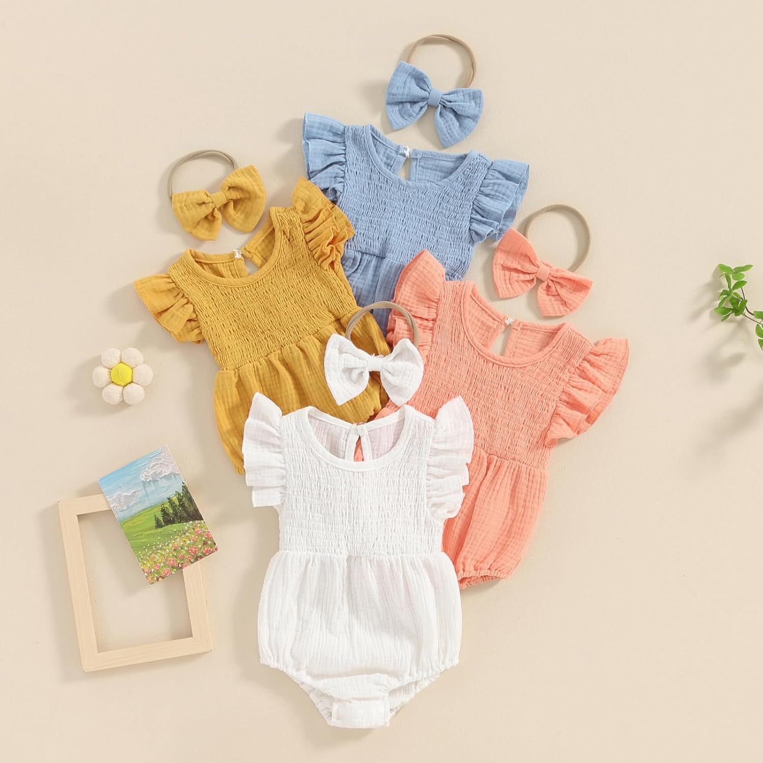 Newborn Baby Girl Clothes Ruffle Sleeve Solid Smocked Bubble Romper Jumpsuit Bow Headband Cute Summer Clothes