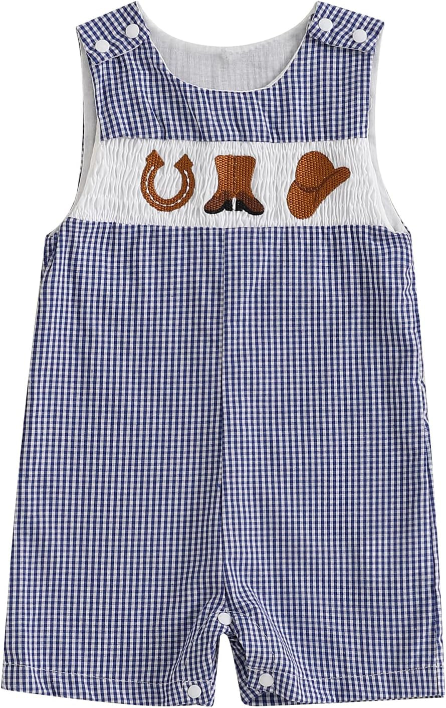 Toddler Western Baby Boy Clothes Horse Riding Embroidery Smocked Jumpsuit Sleeveless Romper Spring Summer Outfit