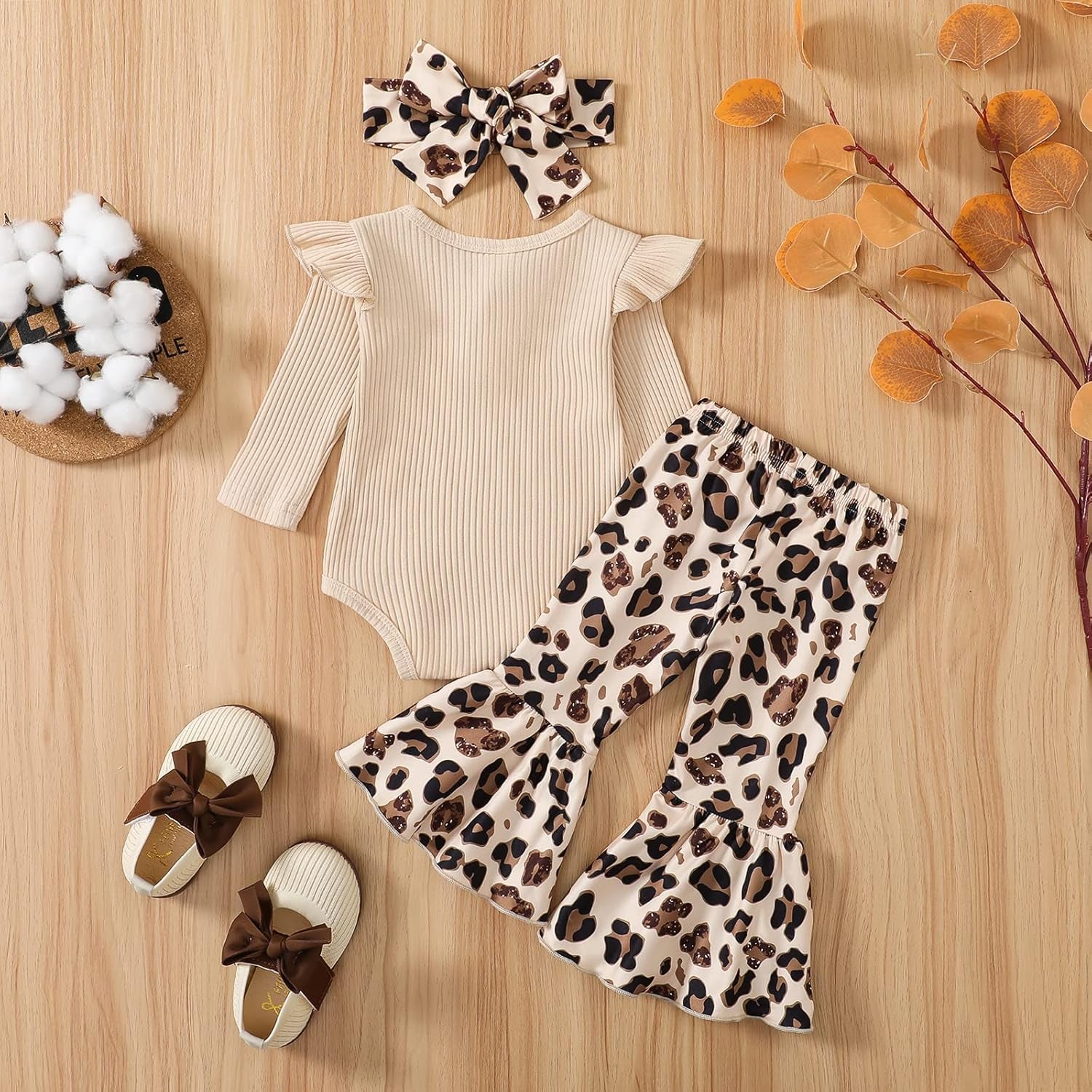 Newborn Baby Girl Clothes Infant Rib Frill Long Sleeve Romper Flared Pants Headband Set 3Pcs Fall Winter Outfits