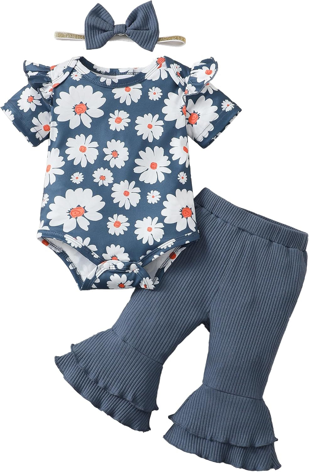 Baby Girl Clothes Ruffle Short Sleeve Romper Long Pants Set with Headband Newborn Infant Outfits