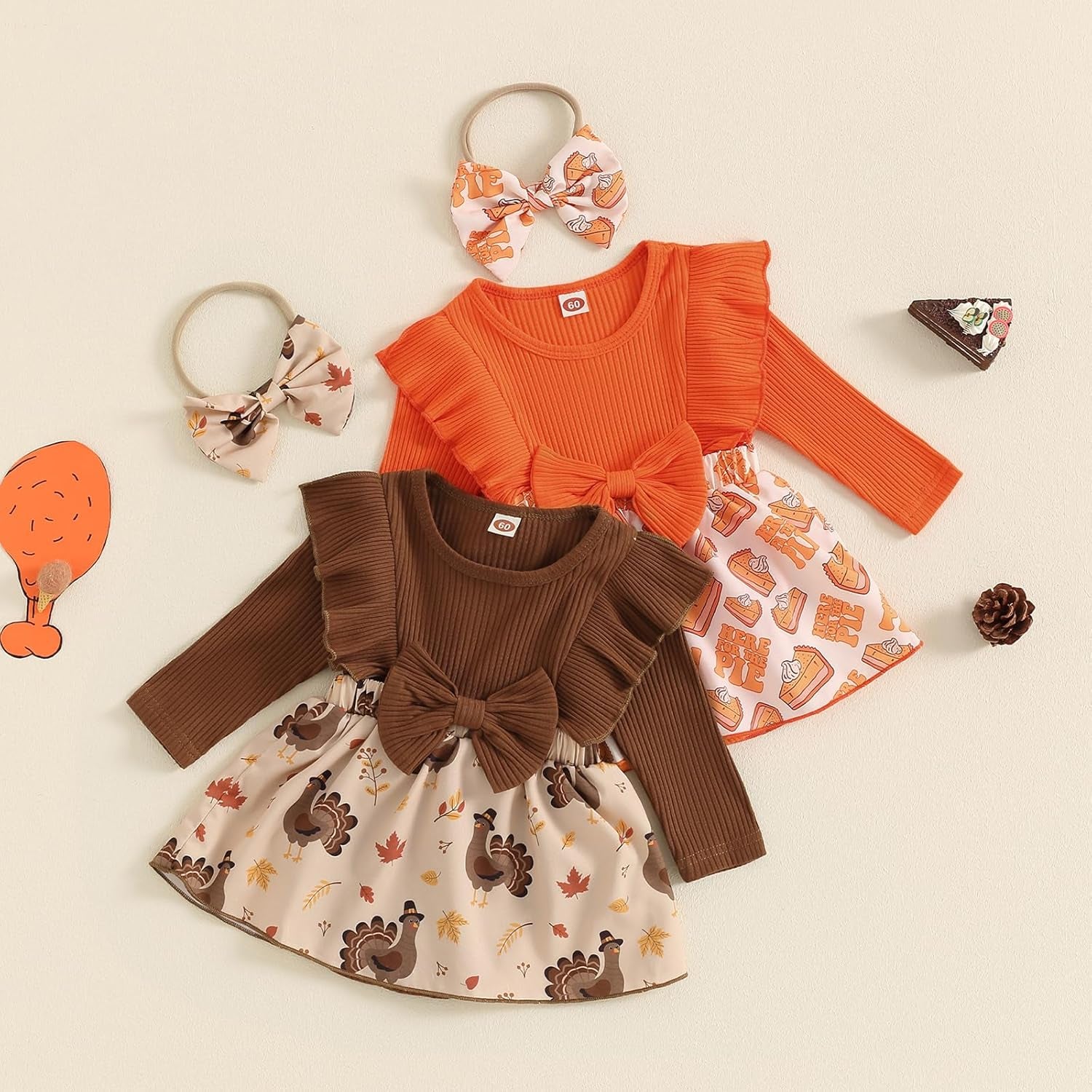 Baby Girl Thanksgiving Outfit Newborn Outfit Ribbed Ruffle Romper Dress and Headband Cute Fall Clothes