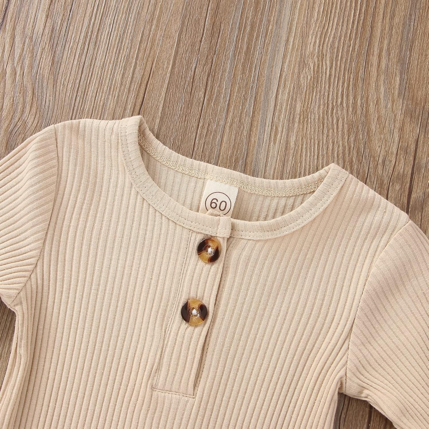 Infant Boys Girls Clothes Set Newborn Baby Romper Hat Ribbed Knit Long Sleeve Button Solid Bodysuit Jumpsuit