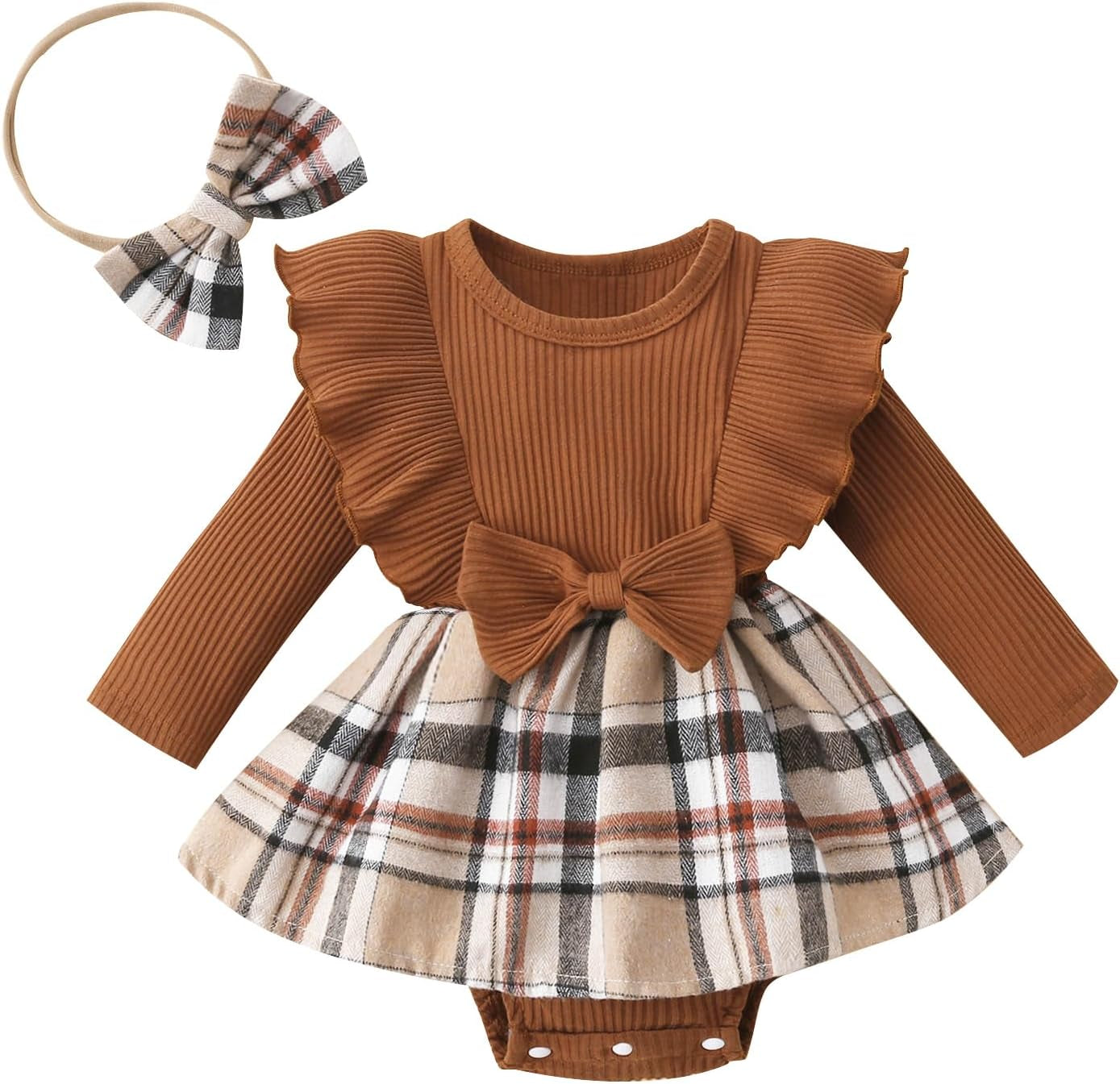 Newborn Baby Girl Fall Winter Outfit Set Plaid Romper Dress Ruffles Long Sleeve Clothes Jumpsuit with Bow Headband