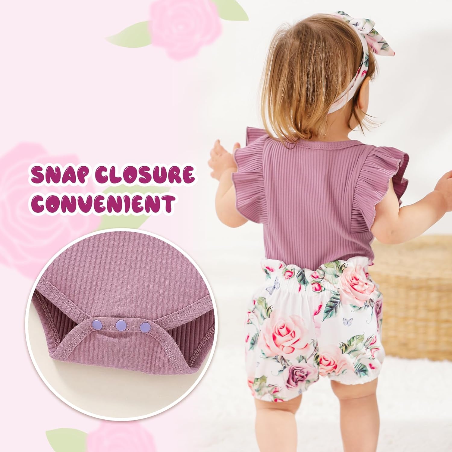 Baby Girl Clothes Infant Summer Outfits Set Ruffle Sleeve Romper and Floral Shorts with Headband
