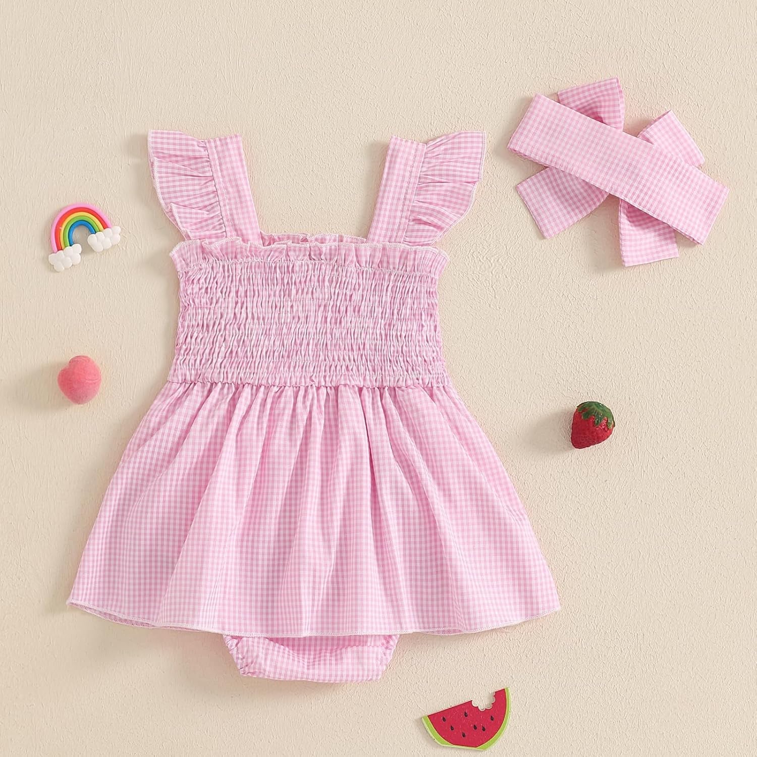 Baby Girl Summer Dress Ruffle Fruit Clothes Flutter Sleeveless Smocked Infant Rompers Plaid Boho Dress Outfits