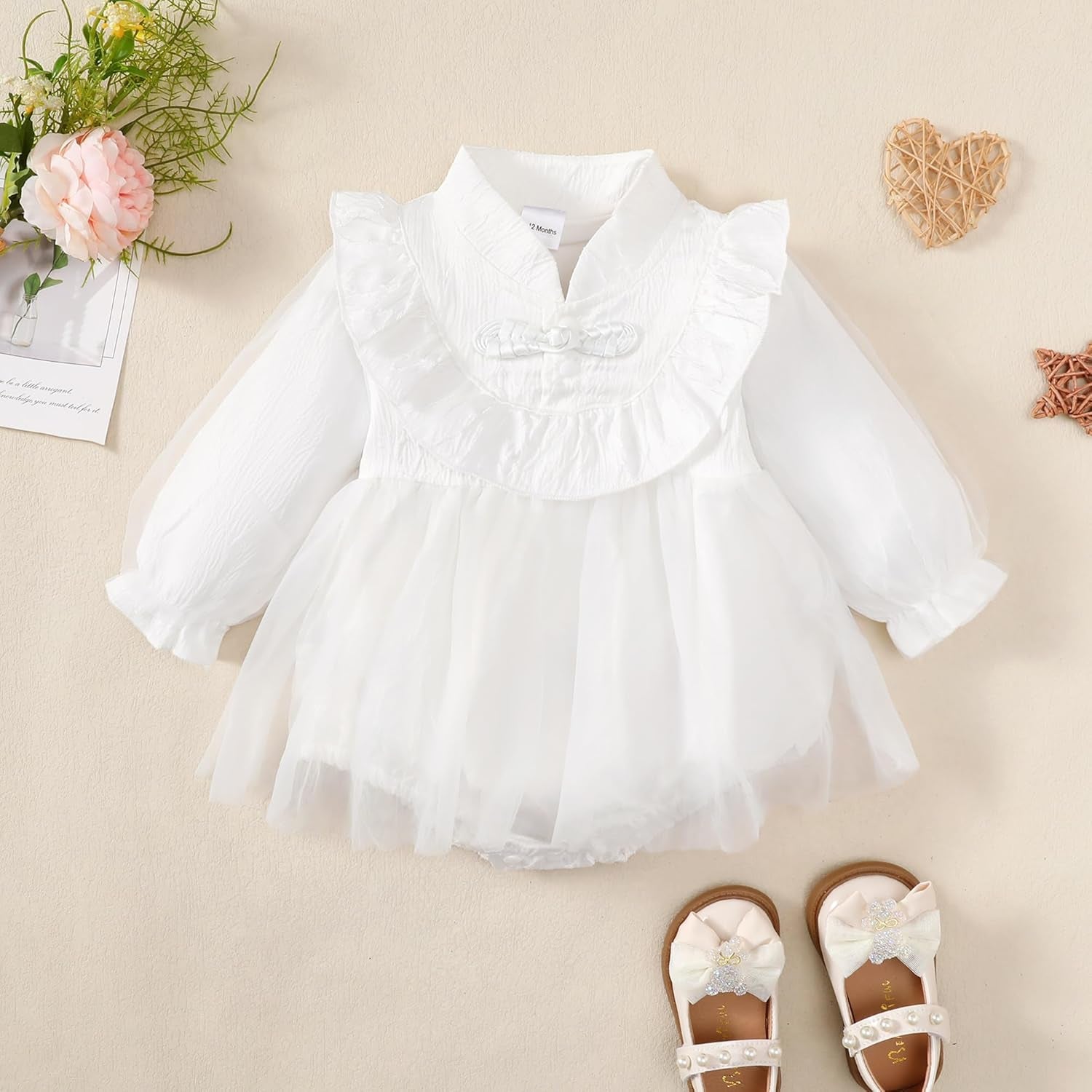 Newborn Baby Girl Romper Dress Tulle Long Sleeve Onsies Dress Fall Princess Wedding One-Piece Dresses