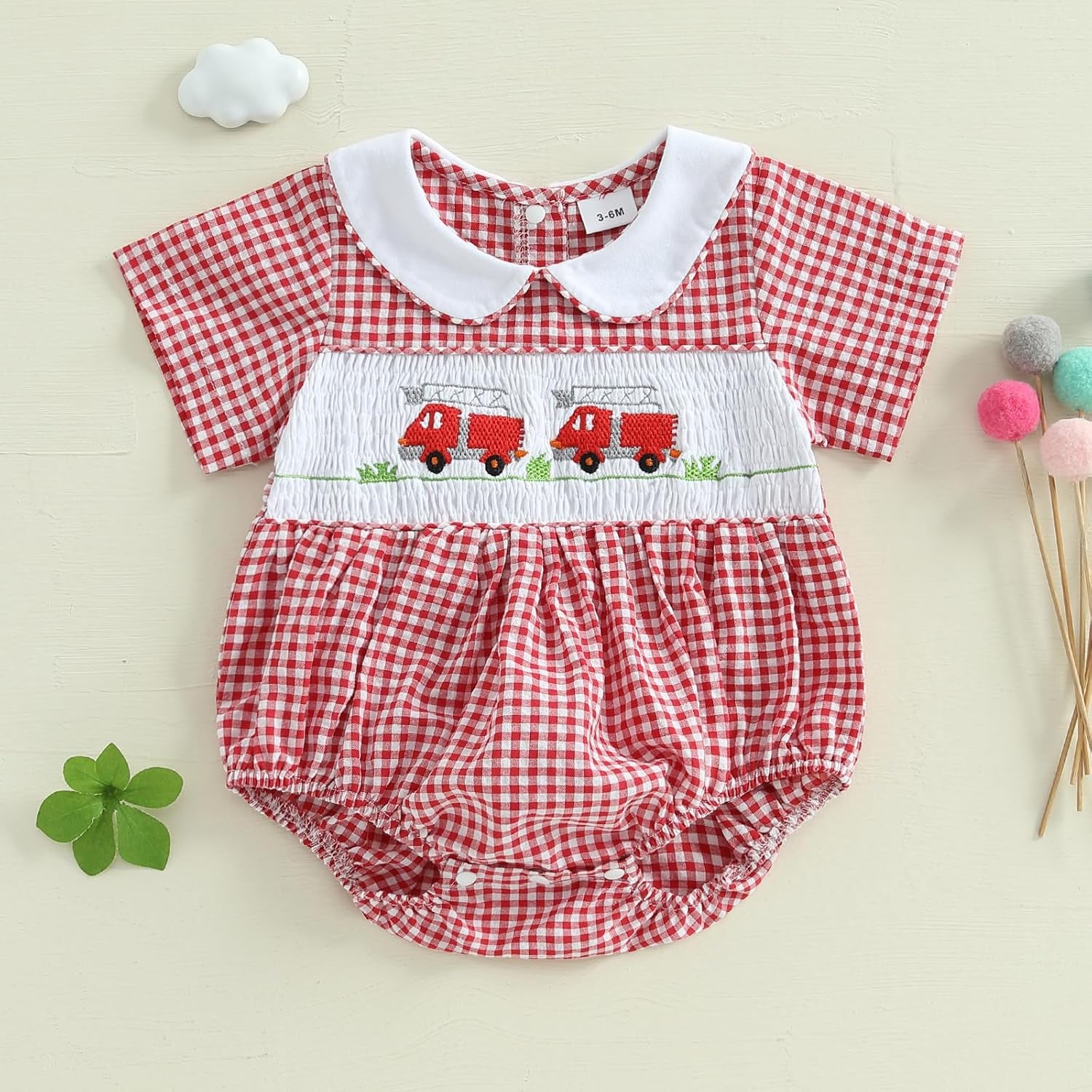 Newborn Infant Baby Girl Bubble Romper Fire Truck Doll Collar Short Sleeve Smocked Onesie Plaid Jumpsuit