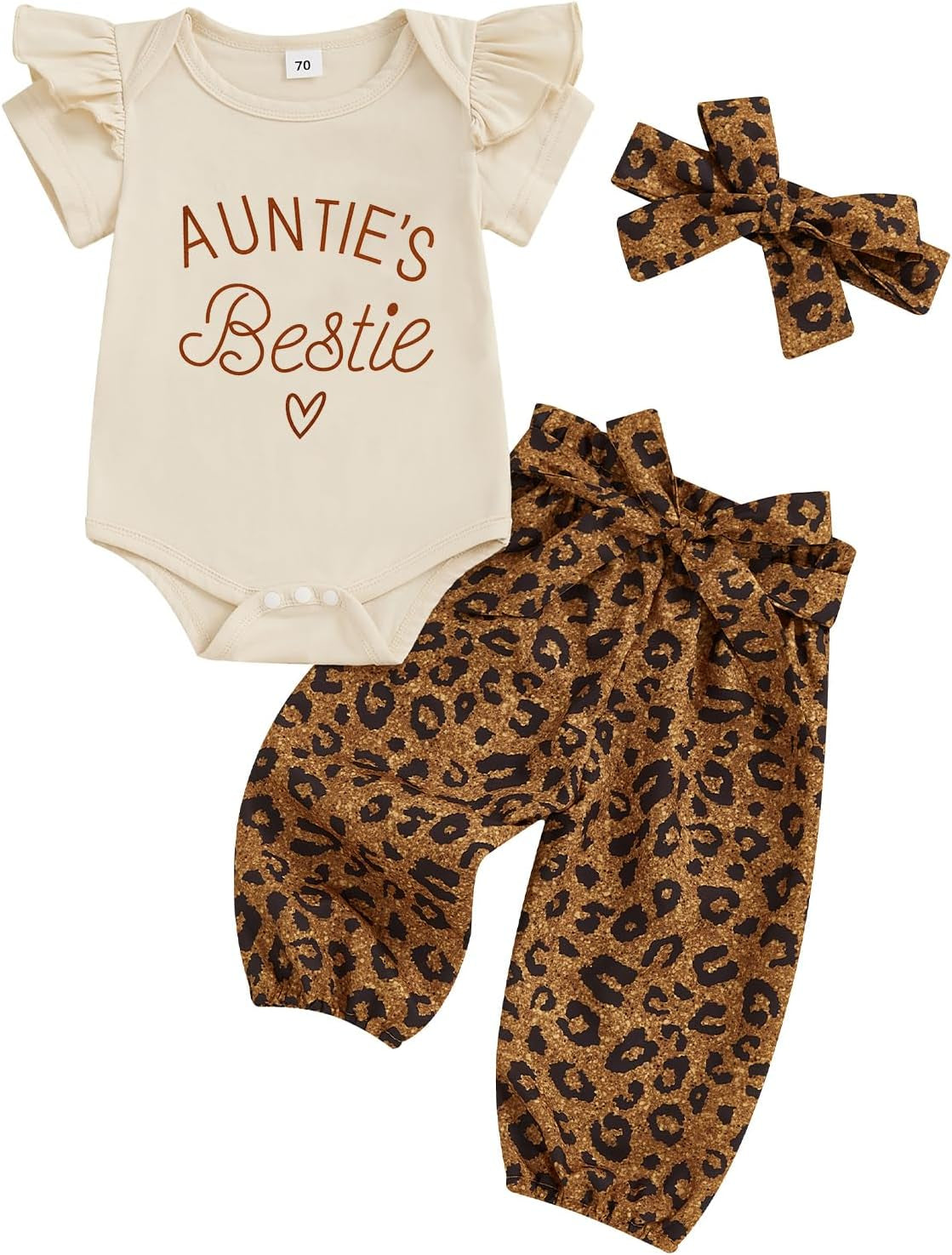 Aunties Bestie Baby Girl Clothes Aunt Saying Letter Embroidery Ruffle Romper Leopard Pant Headband 3Pcs Summer Outfit