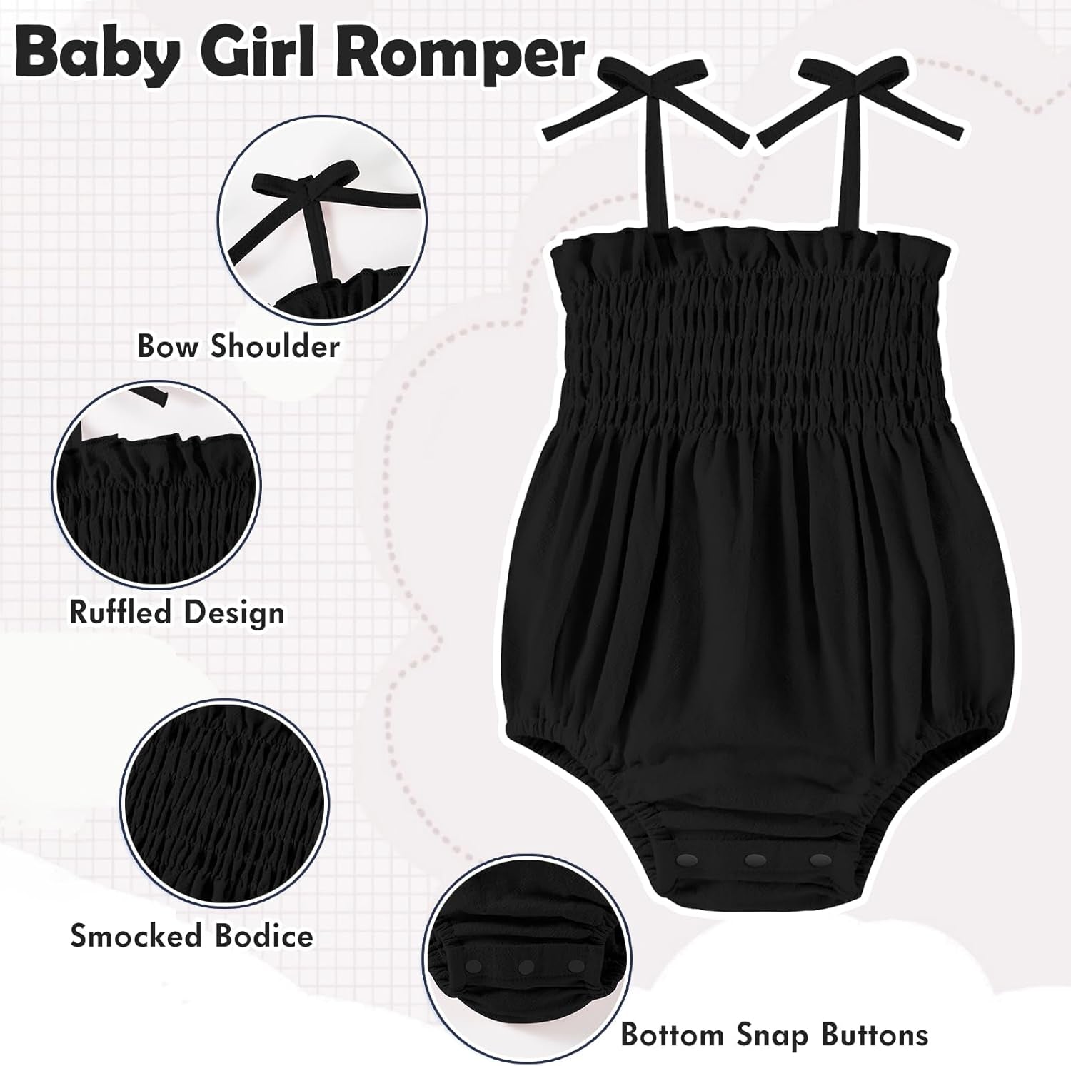 Baby Girl Romper Summer Toddler Baby Girl Clothes Sleeveless Smocked Bodysuit Infant Bow Shoulder One-Piece Jumpsuit