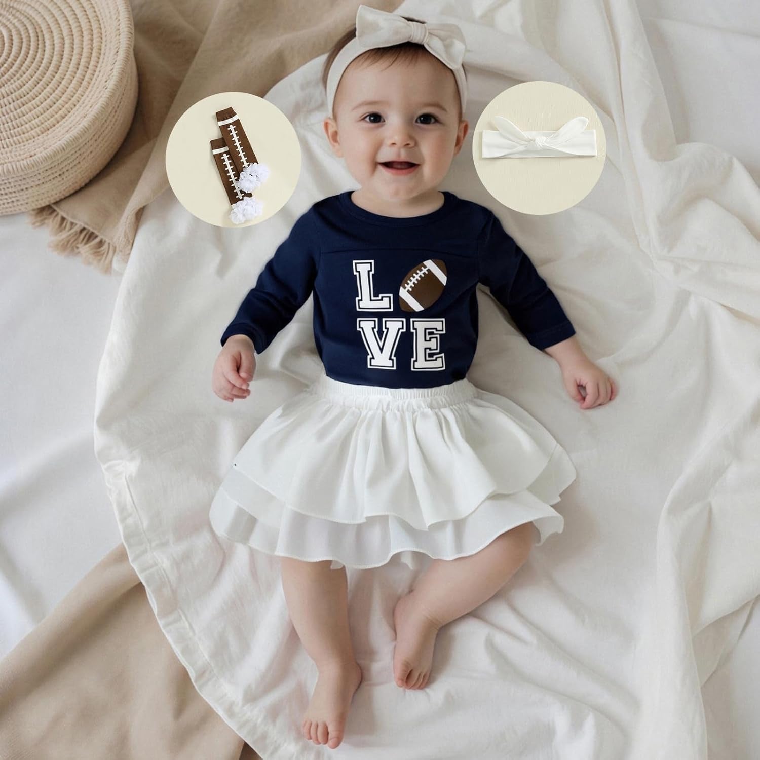 Baby Girl Football Outfit Long Sleeve Romper Elastic Skirts Football Stocking Headband Infant Newborn Clothes