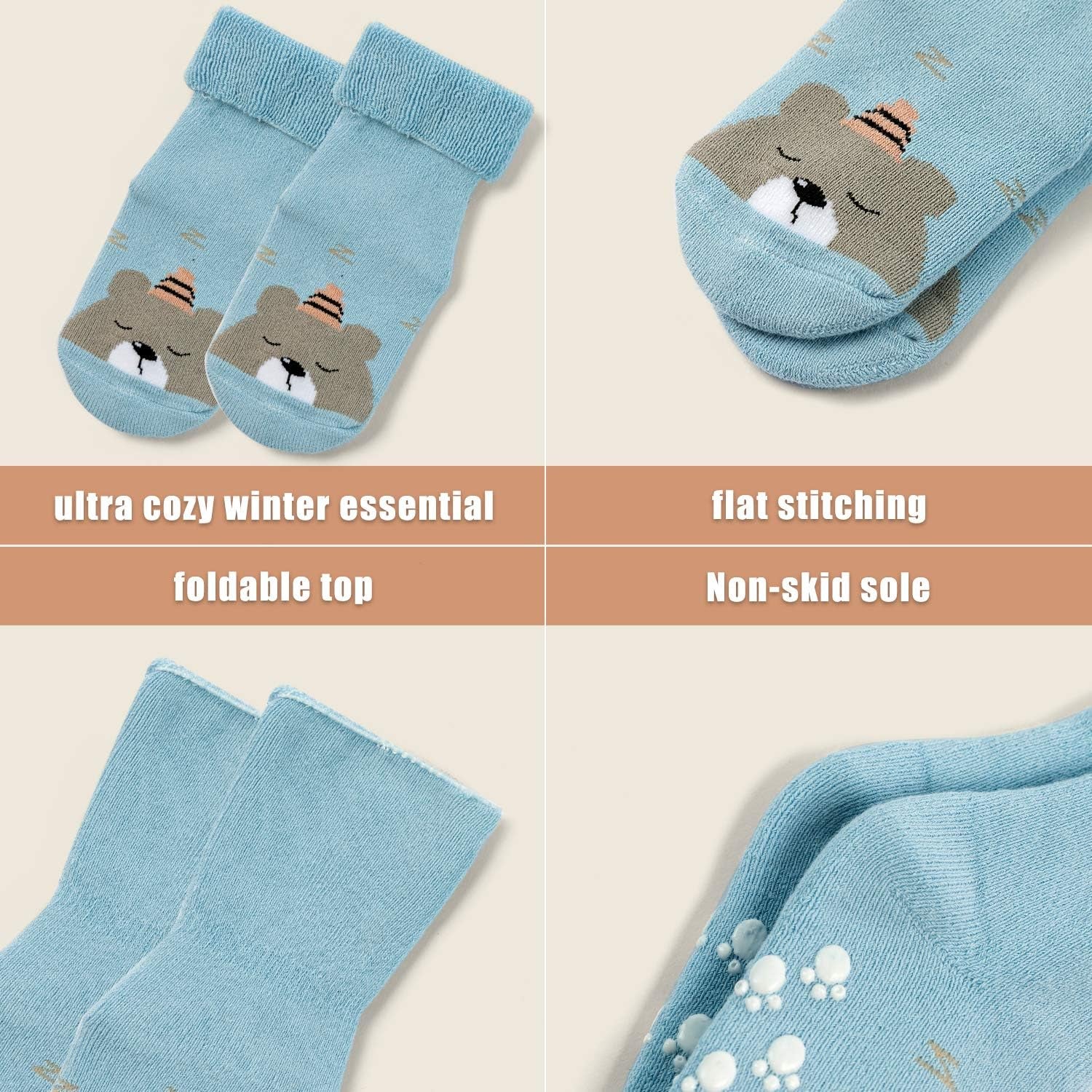 Baby Warm Socks with Grips for Baby Boys Non Slip Winter Socks Baby Girls Thick Crew Socks 6 Pack 6-12 Months Mix 5912