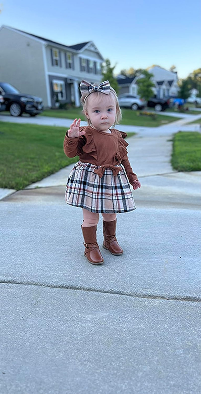 Newborn Baby Girl Fall Winter Outfit Set Plaid Romper Dress Ruffles Long Sleeve Clothes Jumpsuit with Bow Headband