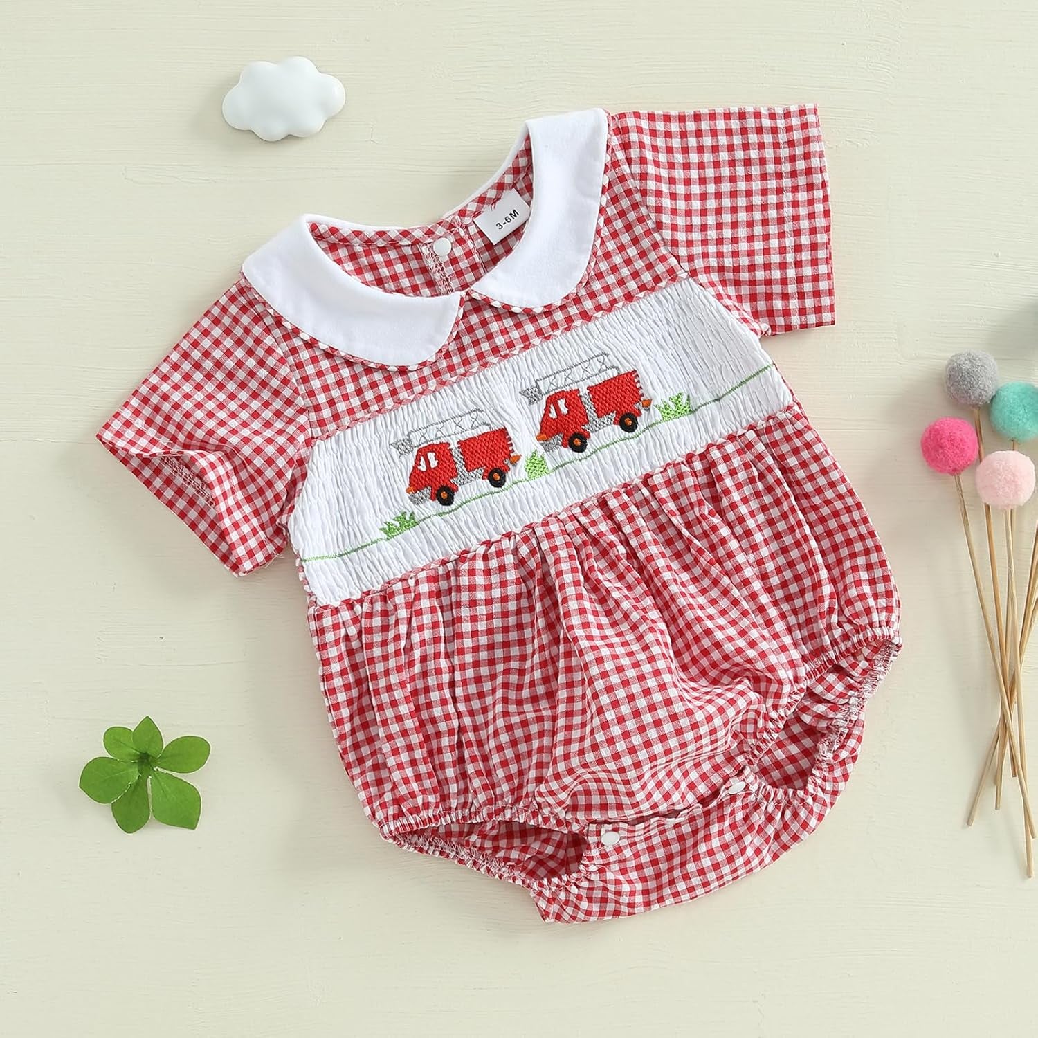 Newborn Infant Baby Girl Bubble Romper Fire Truck Doll Collar Short Sleeve Smocked Onesie Plaid Jumpsuit