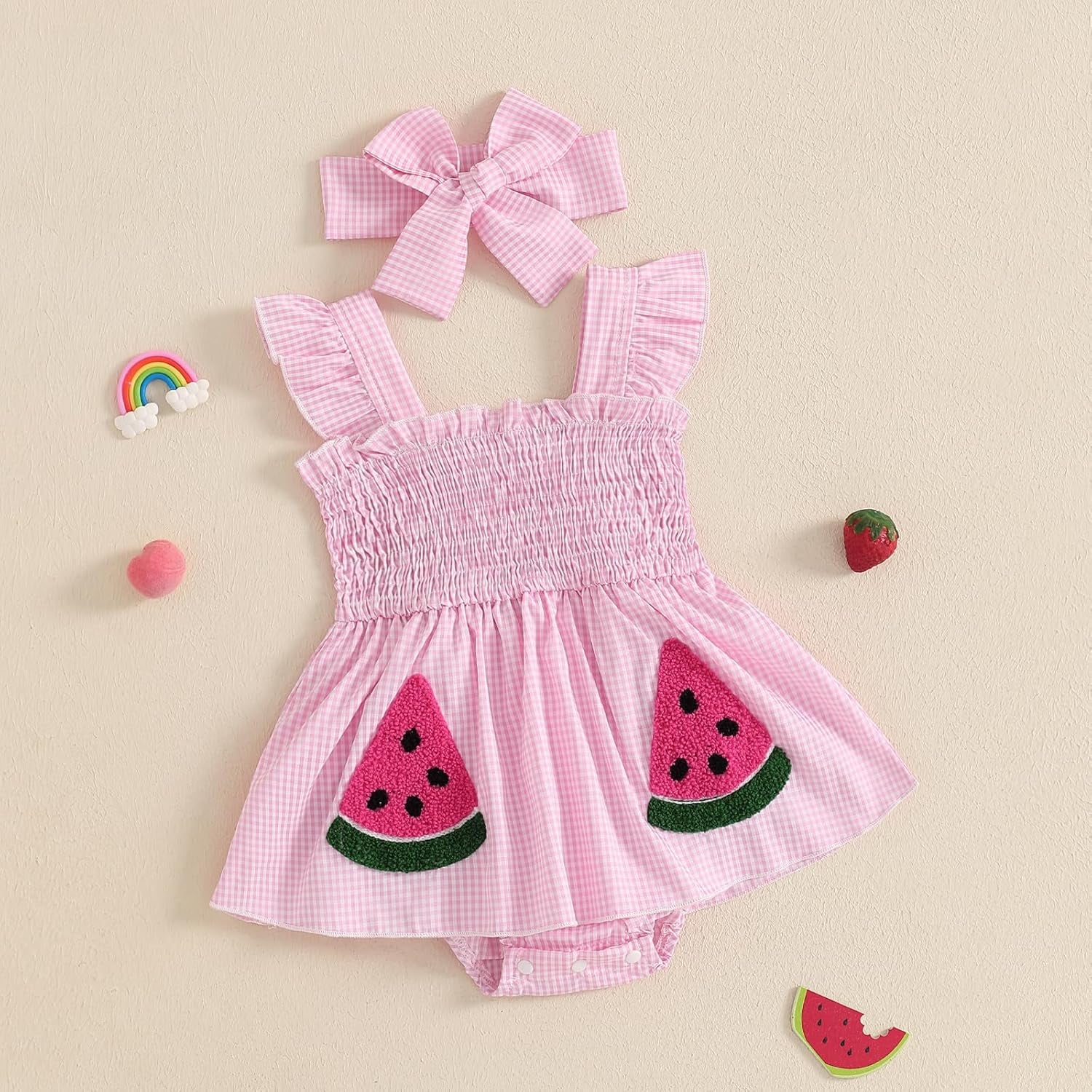 Baby Girl Summer Dress Ruffle Fruit Clothes Flutter Sleeveless Smocked Infant Rompers Plaid Boho Dress Outfits