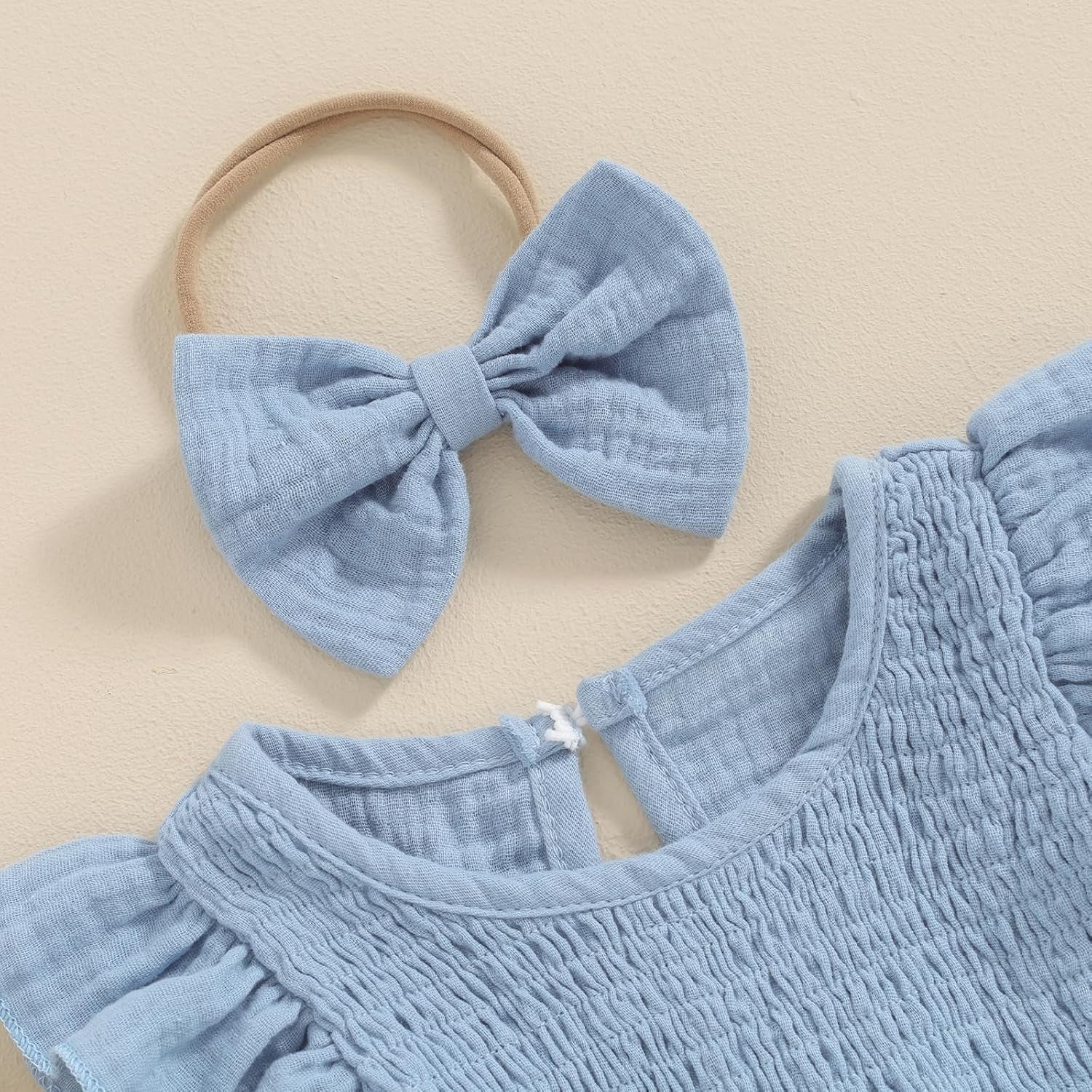 Newborn Baby Girl Clothes Ruffle Sleeve Solid Smocked Bubble Romper Jumpsuit Bow Headband Cute Summer Clothes