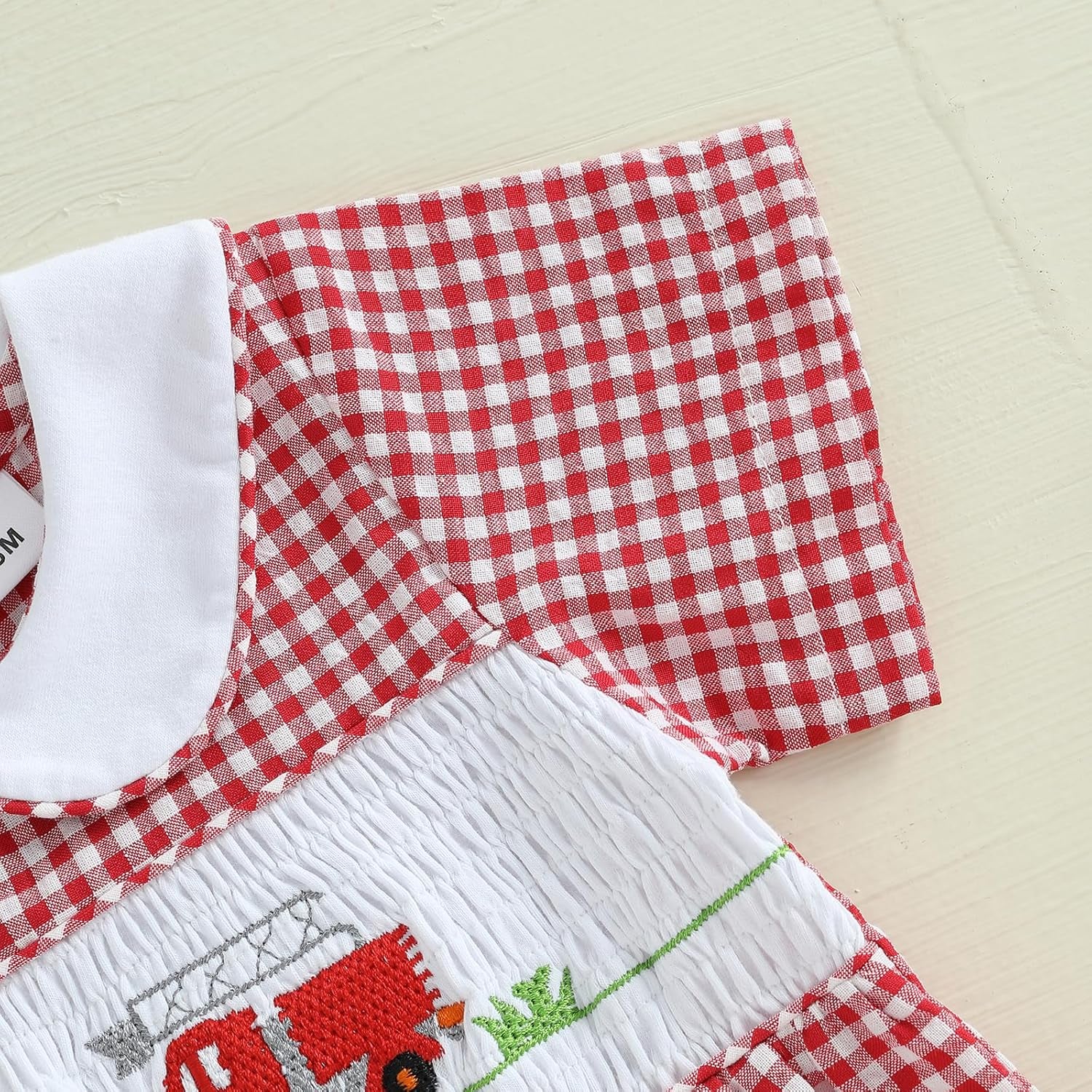 Newborn Infant Baby Girl Bubble Romper Fire Truck Doll Collar Short Sleeve Smocked Onesie Plaid Jumpsuit