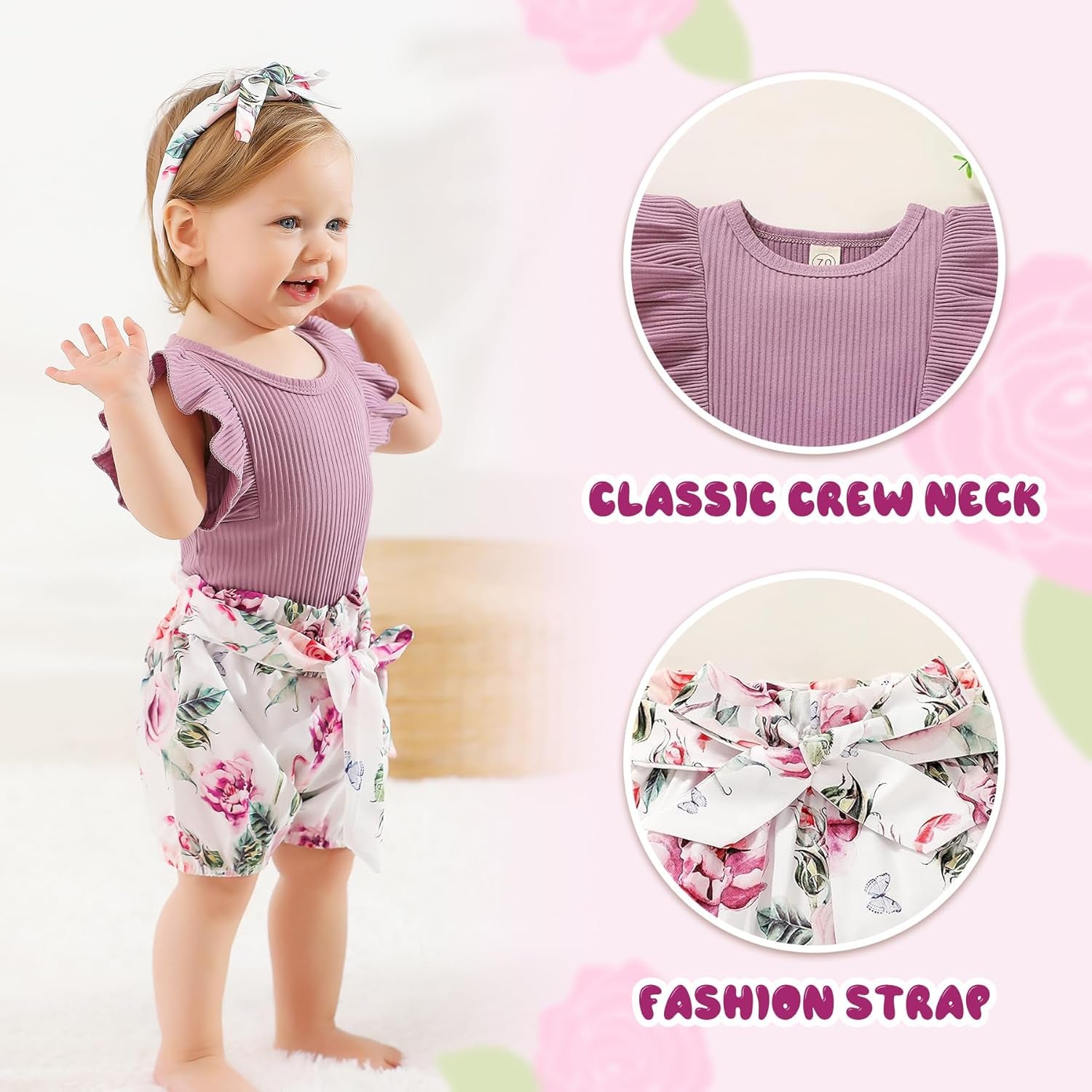 Baby Girl Clothes Infant Summer Outfits Set Ruffle Sleeve Romper and Floral Shorts with Headband