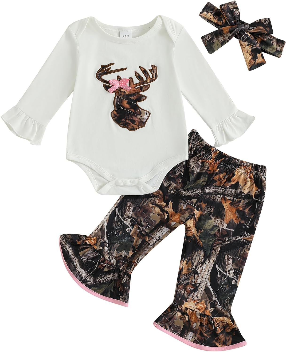 Newborn Baby Girl Hunting Clothes Deer Long Sleeve Romper Jungle Camo Flare Pants Set 3 Piece Fall Winter Outfit