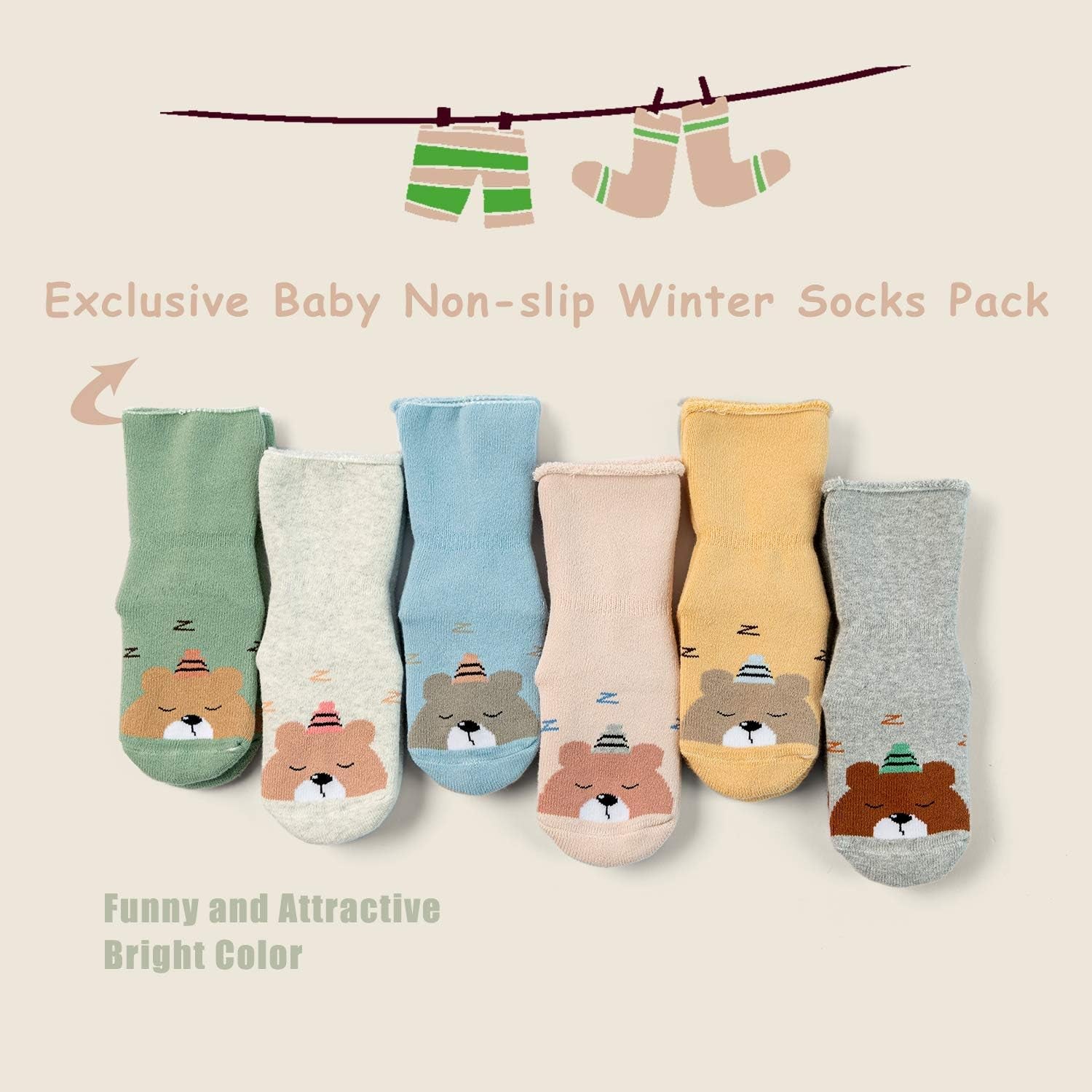 Baby Warm Socks with Grips for Baby Boys Non Slip Winter Socks Baby Girls Thick Crew Socks 6 Pack 6-12 Months Mix 5912