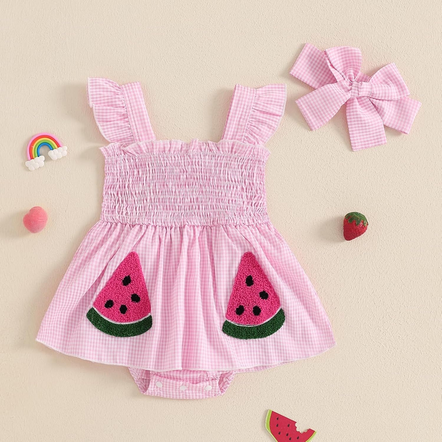 Baby Girl Summer Dress Ruffle Fruit Clothes Flutter Sleeveless Smocked Infant Rompers Plaid Boho Dress Outfits