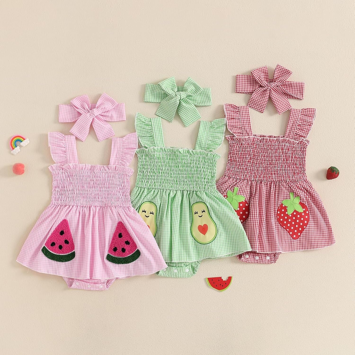 Baby Girl Summer Dress Ruffle Fruit Clothes Flutter Sleeveless Smocked Infant Rompers Plaid Boho Dress Outfits