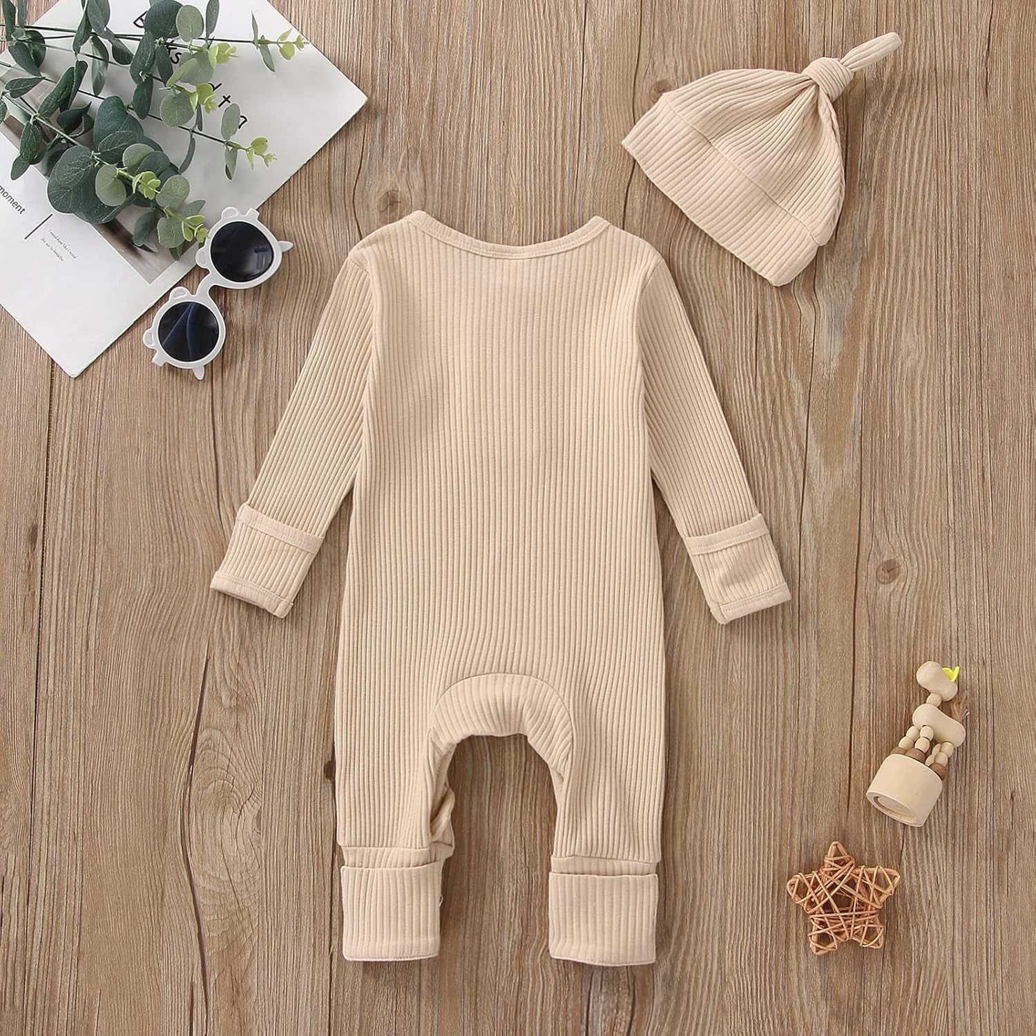 Infant Boys Girls Clothes Set Newborn Baby Romper Hat Ribbed Knit Long Sleeve Button Solid Bodysuit Jumpsuit