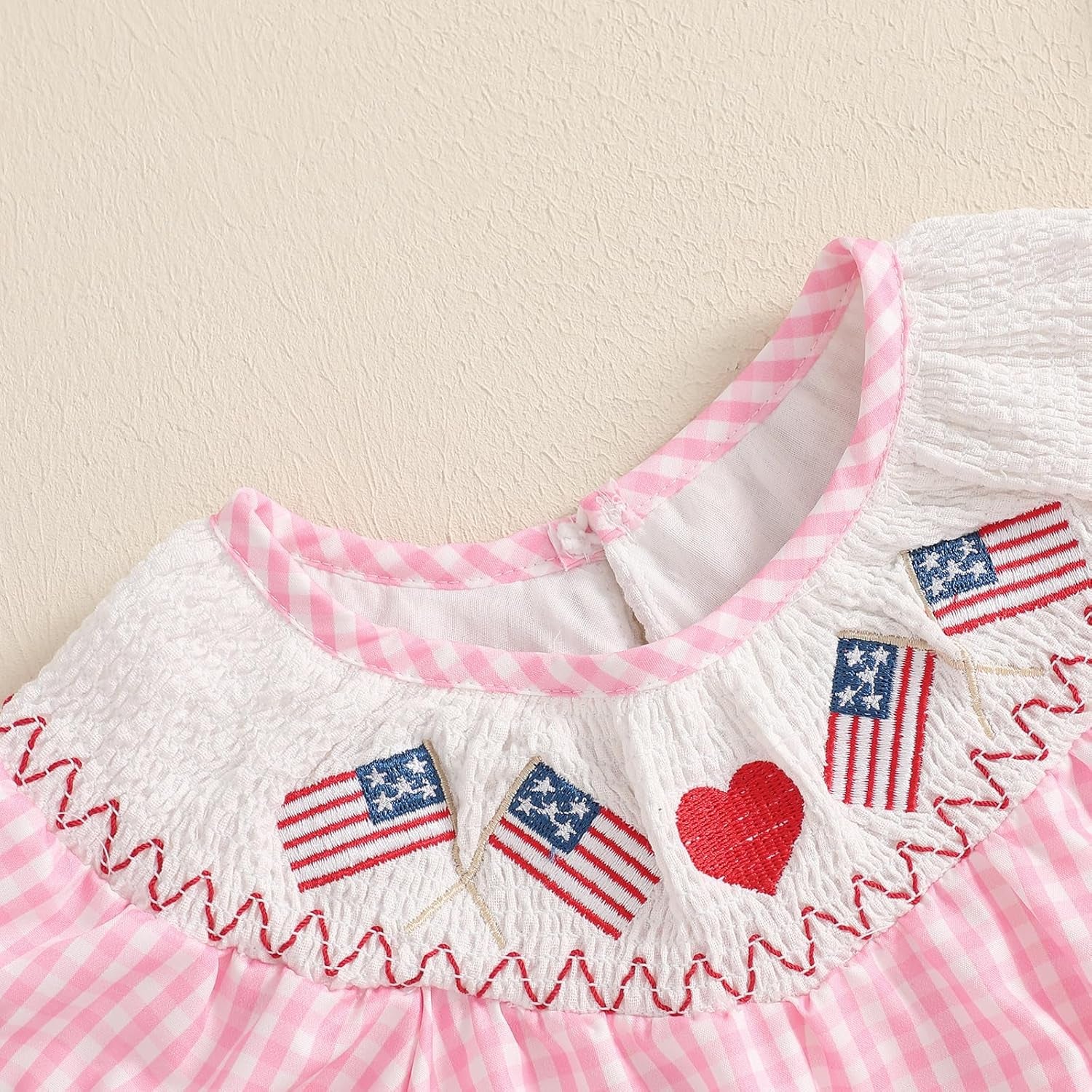 Fourth of July Smocked Bubble Romper Baby Girl American Flag Gingham Bodysuit Summer Baby Outfit