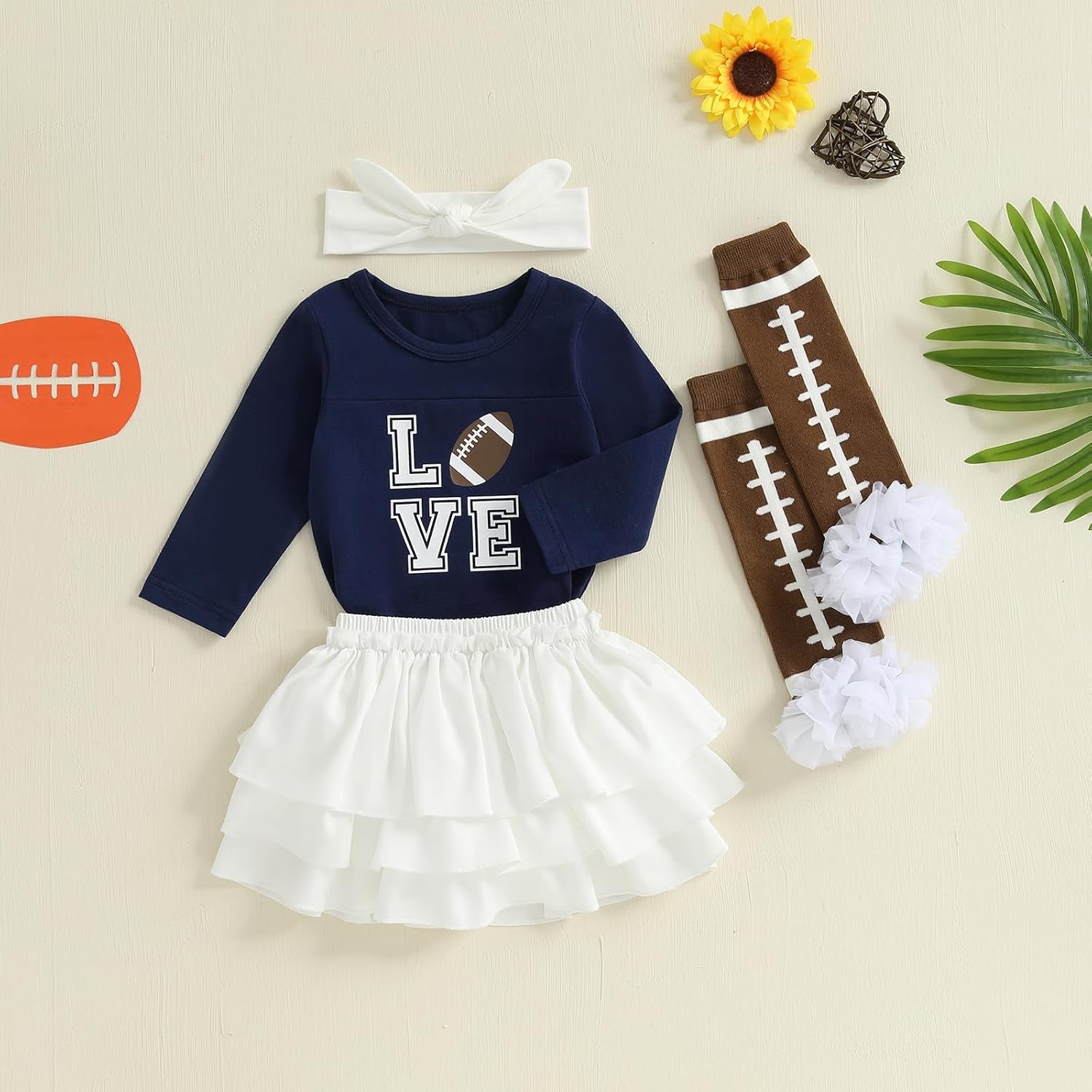 Baby Girl Football Outfit Long Sleeve Romper Elastic Skirts Football Stocking Headband Infant Newborn Clothes