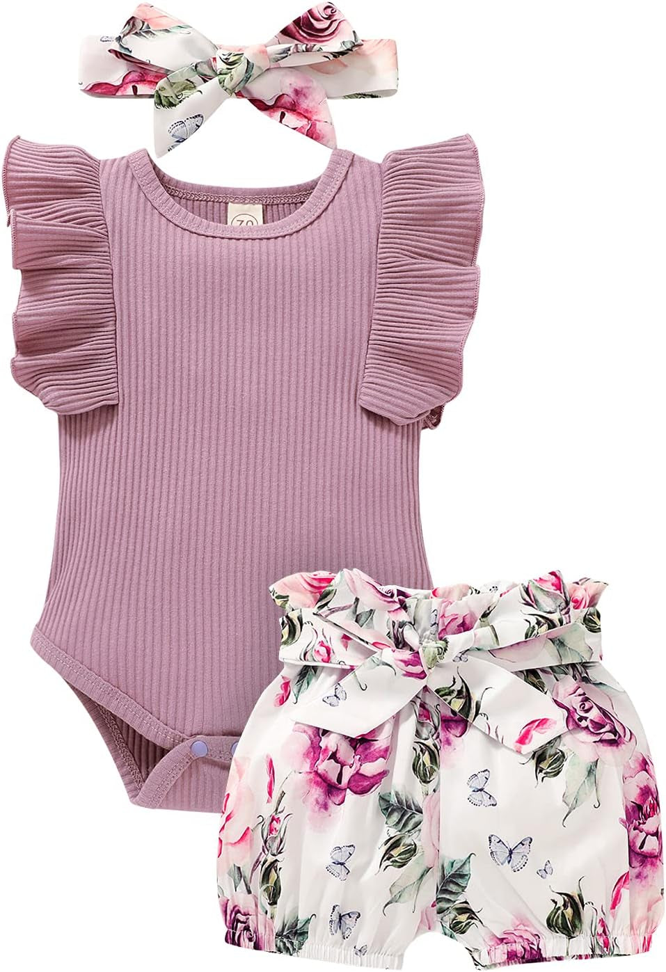 Baby Girl Clothes Infant Summer Outfits Set Ruffle Sleeve Romper and Floral Shorts with Headband