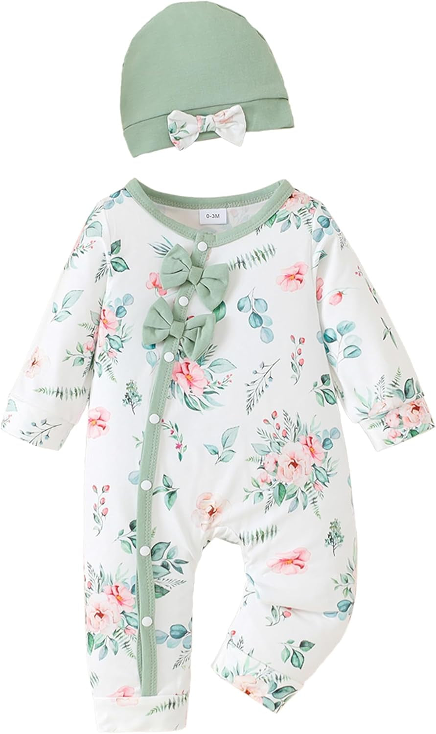 Newborn Baby Girl Clothes Long Sleeve Romper Infant Fall Winter Outfits Floral Hat Jumpsuit Preemie Girl Clothes