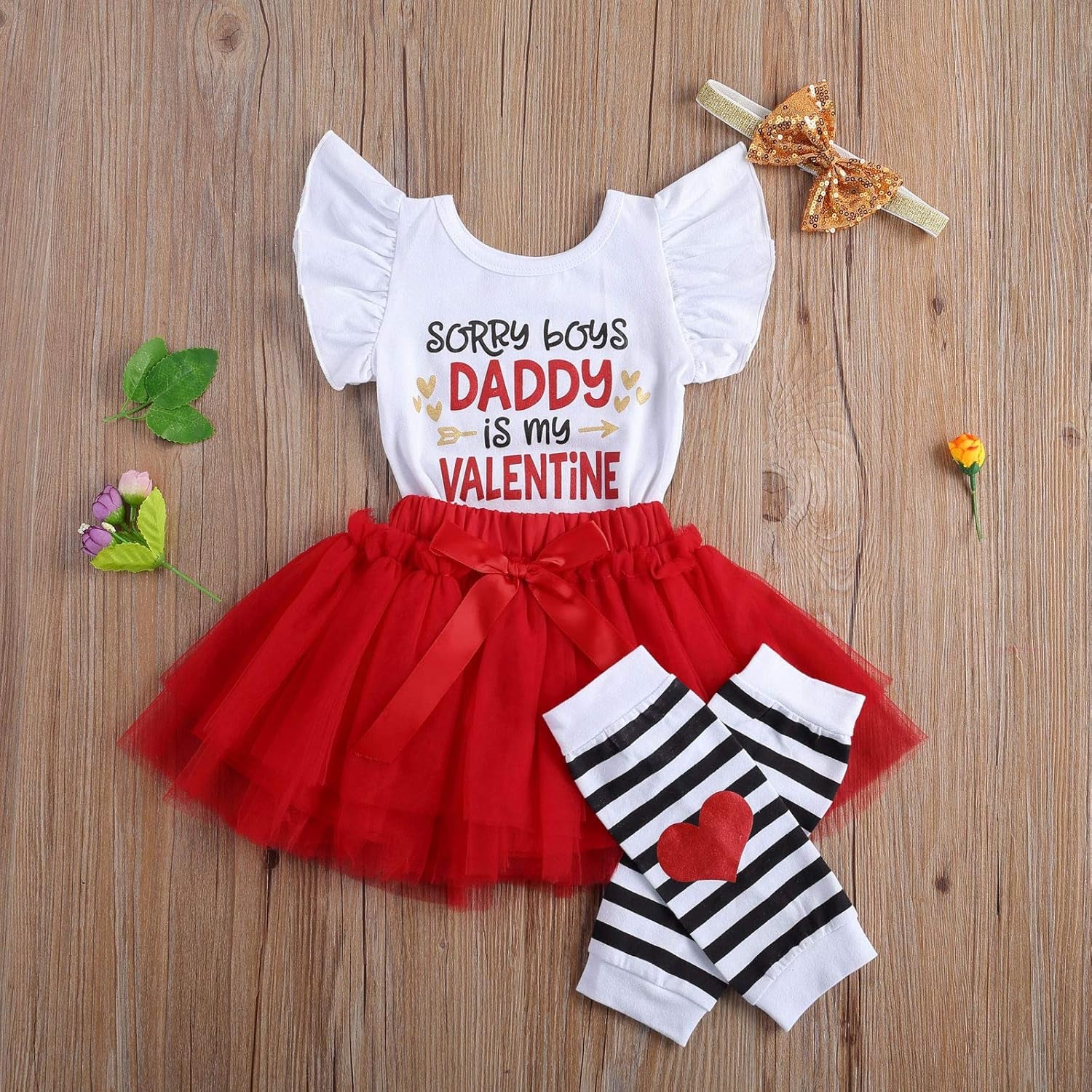 My First Valentine'S Day Baby Girl Outfit Ruffle Romper Bodysuit Tutu Skirt Love Leg Warmer Headband 4Pcs Clothes Set (6-12M, a White Red)