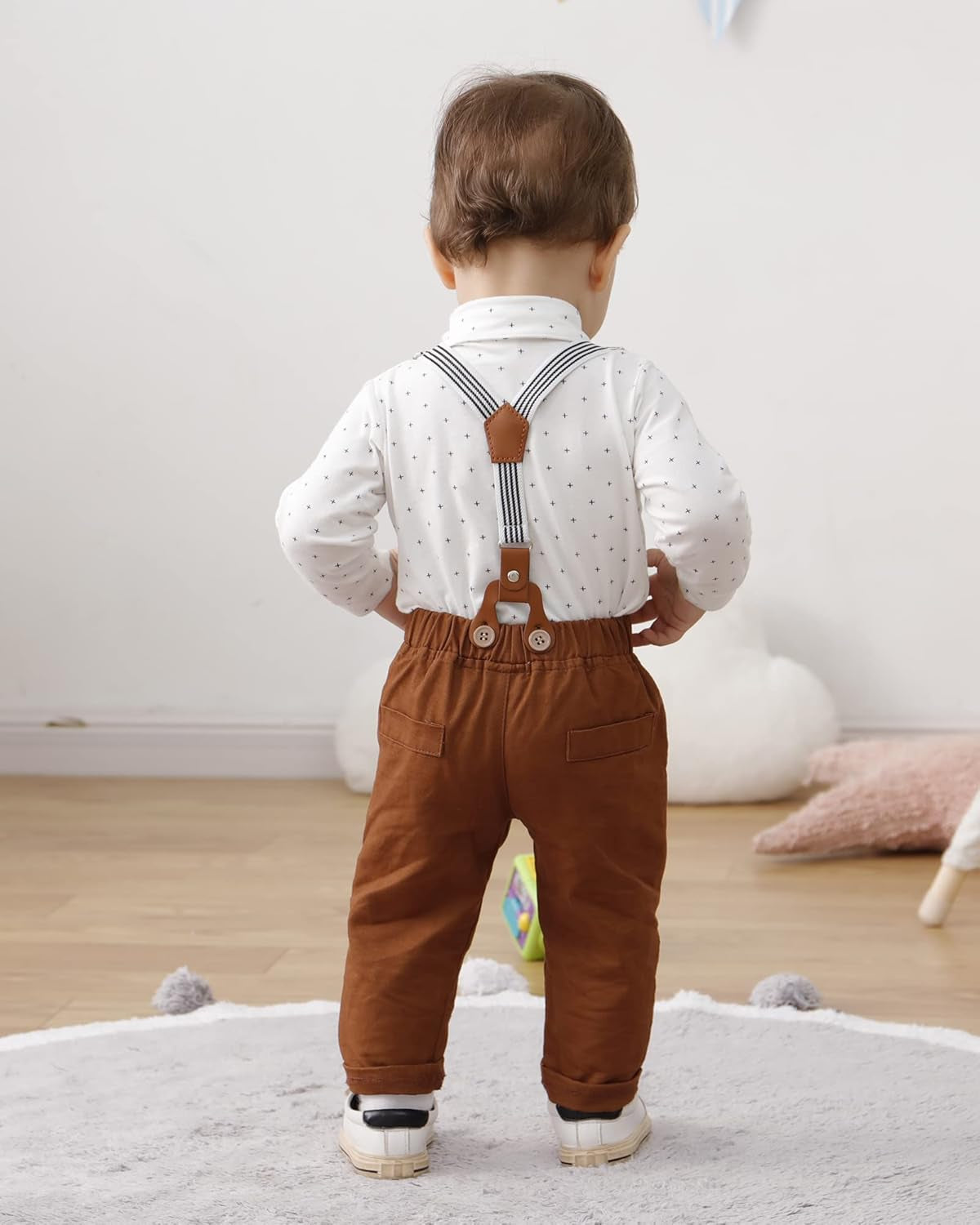 Baby Boy Suit 0-24M Gentleman Outfit Clothes Set Infant Long Sleeve Dress Shirt+Suspender Pants+Bowtie+Beret Hat