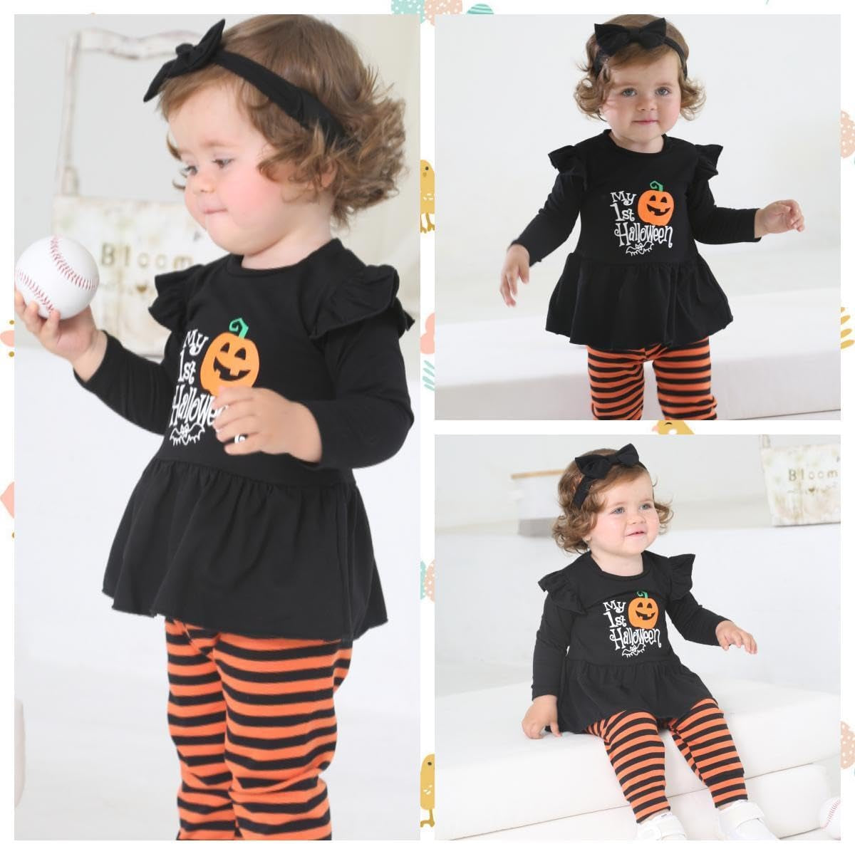 My 1St Halloween Baby Girl Outfits Ruffle Pumpkin Print Tunic Drees Shirt Stripe Pants Legging Fall Winter Clothes