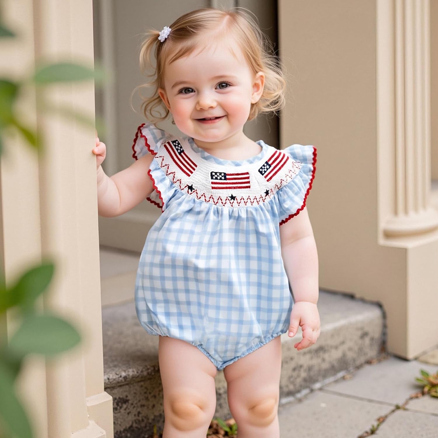 Baby Girl Romper Stripes Smocked Bodysuit Newborn Bubble Romper Infant Summer Festival Clothes