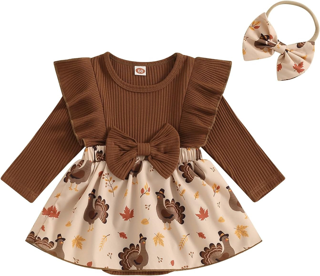 Baby Girl Thanksgiving Outfit Newborn Outfit Ribbed Ruffle Romper Dress and Headband Cute Fall Clothes