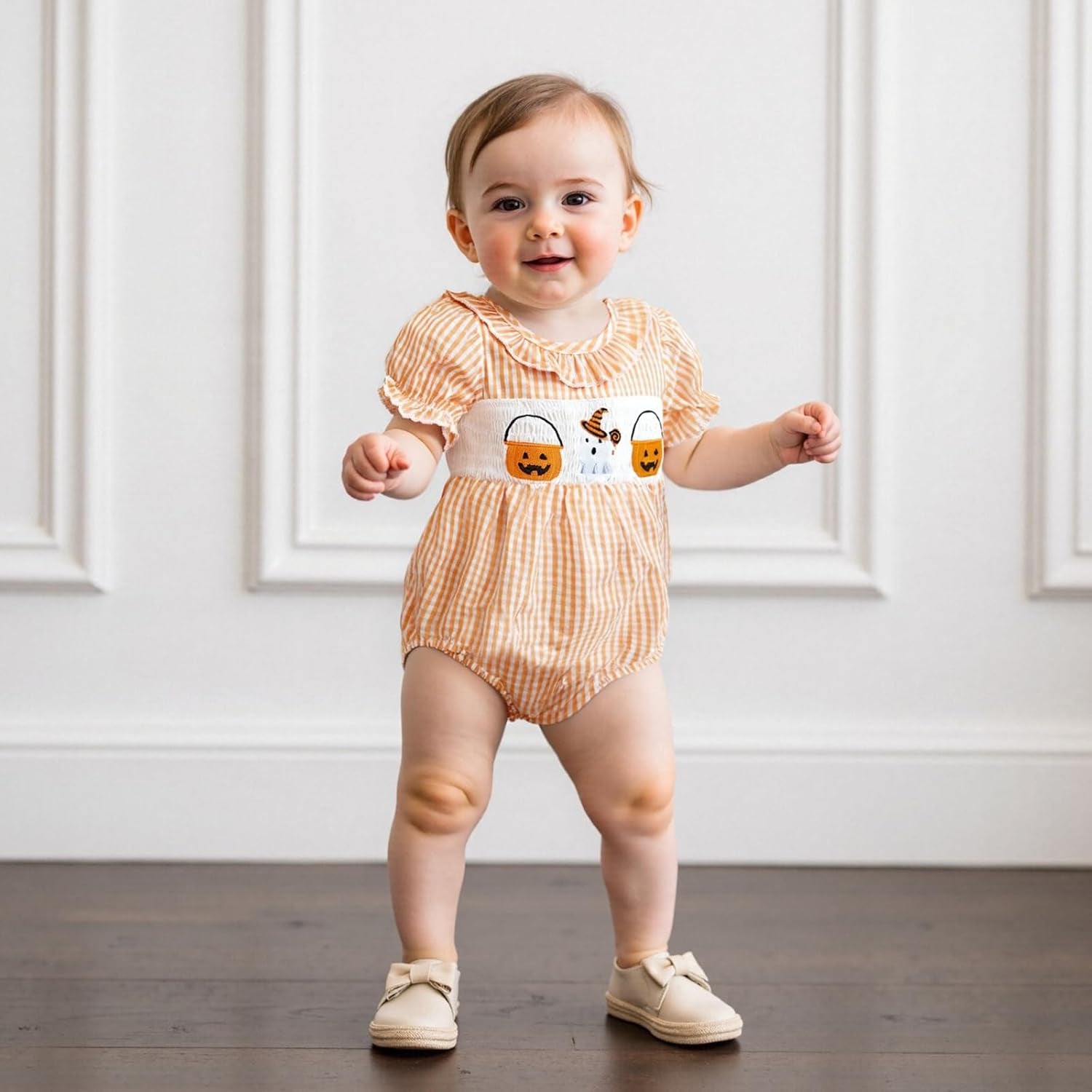 Halloween Baby Clothes Newborn Spider Cat Striped Smocked Romper Infant Bubble Onesie Bodysuit Shirt Fall Outfit