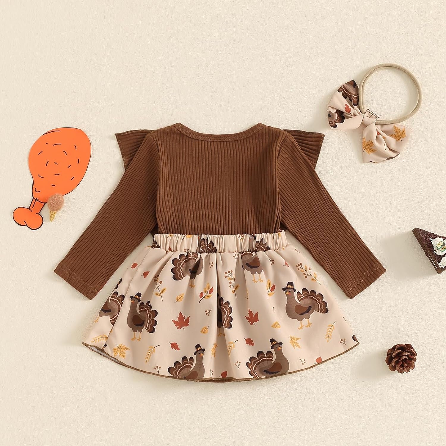Baby Girl Thanksgiving Outfit Newborn Outfit Ribbed Ruffle Romper Dress and Headband Cute Fall Clothes