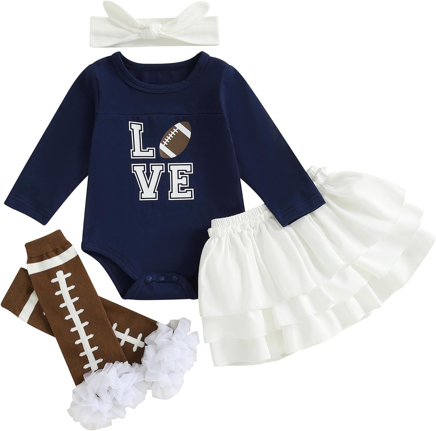 Baby Girl Football Outfit Long Sleeve Romper Elastic Skirts Football Stocking Headband Infant Newborn Clothes